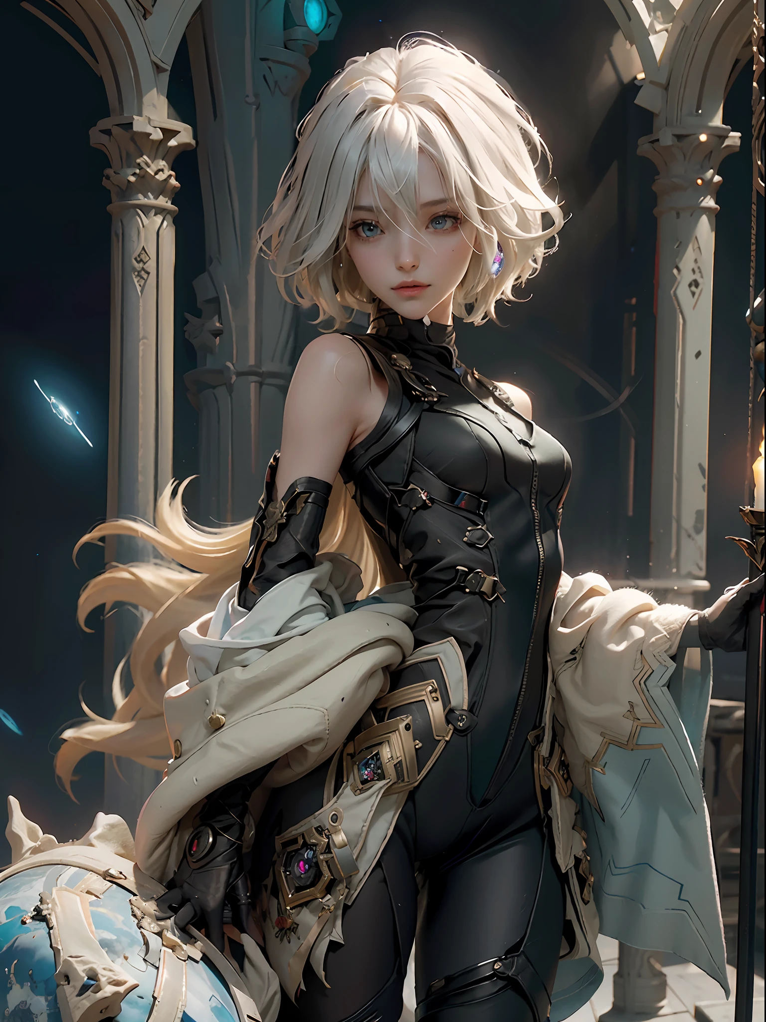 ((Best Quality)), ((Masterpiece)), (Details: 1.4), 3D, Bust, ((Facing Square)), (Body Facing the Viewer), (A Beautiful Petite and Slender Female Figure), ((Small Breast, Small Head)), ((Bust Photo)), (Upper Body), (Slender Perfect Body: 1.2), (Perfect Face), (Soft Face), (Perfect Eyes), (Perfect Hands), (Perfect Fingers), (Short Neck Hair: 1.5), (Tight One-Piece Combat Suit: 1.3), Golden Hair, Collar, (Gloves: 1.2), Guns, Chains, In the Distant Future, the line between science fiction and fantasy has disappeared, and the world is an awesome tapestry of wonder. Enter a universe where magic and technology coexist in harmony and shape the fate of civilization in the vast expanse of space. At the heart of this field is celestial relations, an interstellar center of mysterious energy and technological wonders. Here, arcane knowledge is intertwined with cutting-edge science, giving birth to a society where spaceships are filled with the power of ancient spells, while occult art enhances technology. As a young explorer, embark on a grand adventure destined to unlock the secrets of the celestial bond. As you travel through the uncharted realms of the universe, encounter various civilizations full of creatures with extraordinary abilities. From the ethereal spire of the elves, where the art of traveling across dimensions is perfected, to the cybernetic enclave of the Android Group, witness the tapestry of life where magic and technology intertwine. Unleash your latent power as you adapt to the energy flowing through the Nexus. Take advantage of the ancient spells of forgotten witchcraft to propel your starship through the vast universe. Engage in epic battles against Cosmic Abomination and Intergalactic Tyrants, wielding enchanted weapons infused with future enhancements. Uncover the origins of this harmonious blend of magic and technology as you delve into the mysterious realm of celestial relationships. Discover ancient prophecies that foreshadow catastrophic events that c