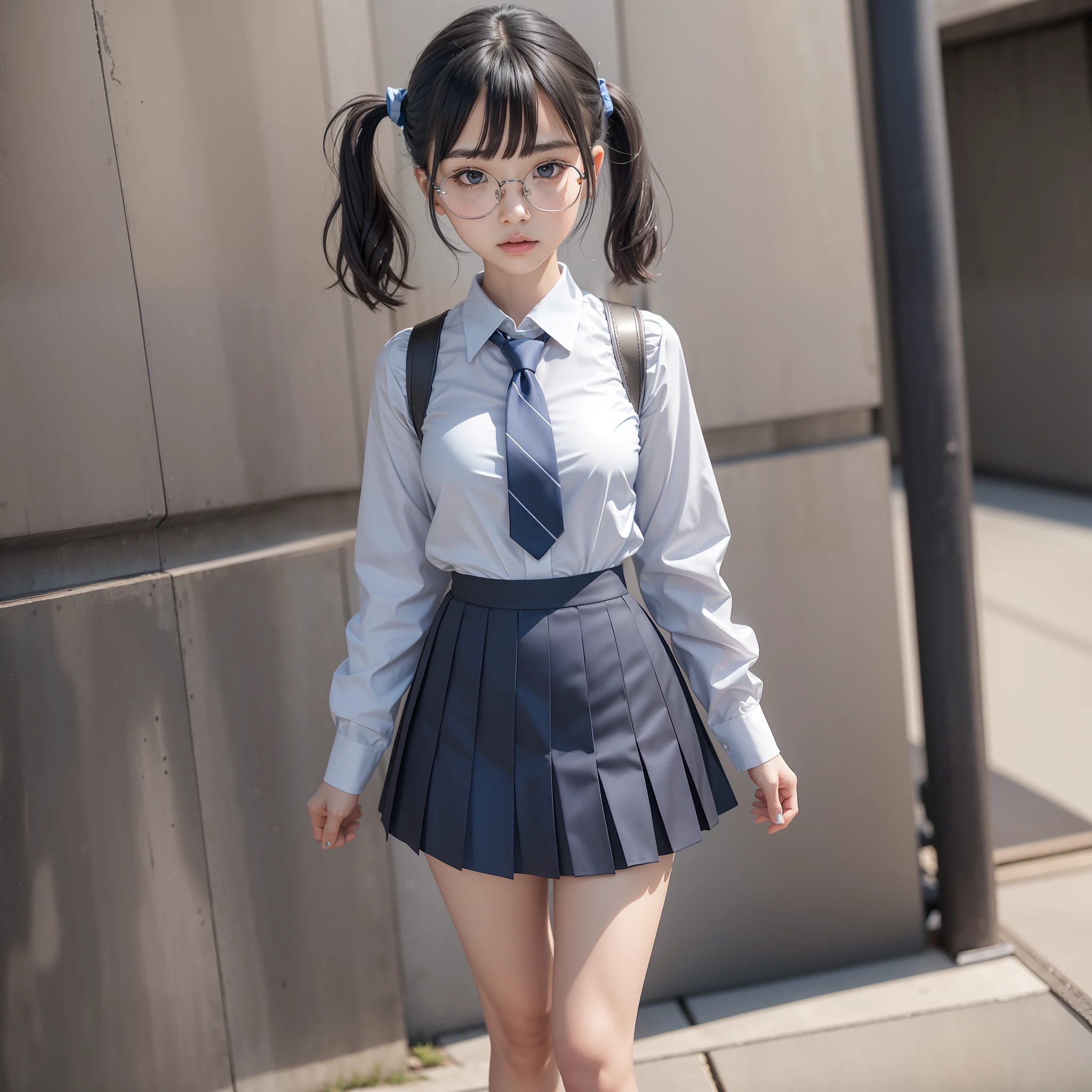 Raw photo, candid,1 girl, solo, narrow eyes, full body, black pantyhose, textured skin, ,blue tie, short twin tails, bangs about eyebrows,(medium hair:1.2), pale skin, Japan person, glasses, small, young, tall, dark look, bright black eyes, anger, school uniform, pleated skirt grey/silver navy blue checked skirt, slender body, medium build, Small waist, wide thighs, photorealistic, best quality, 8K, masterpiece
