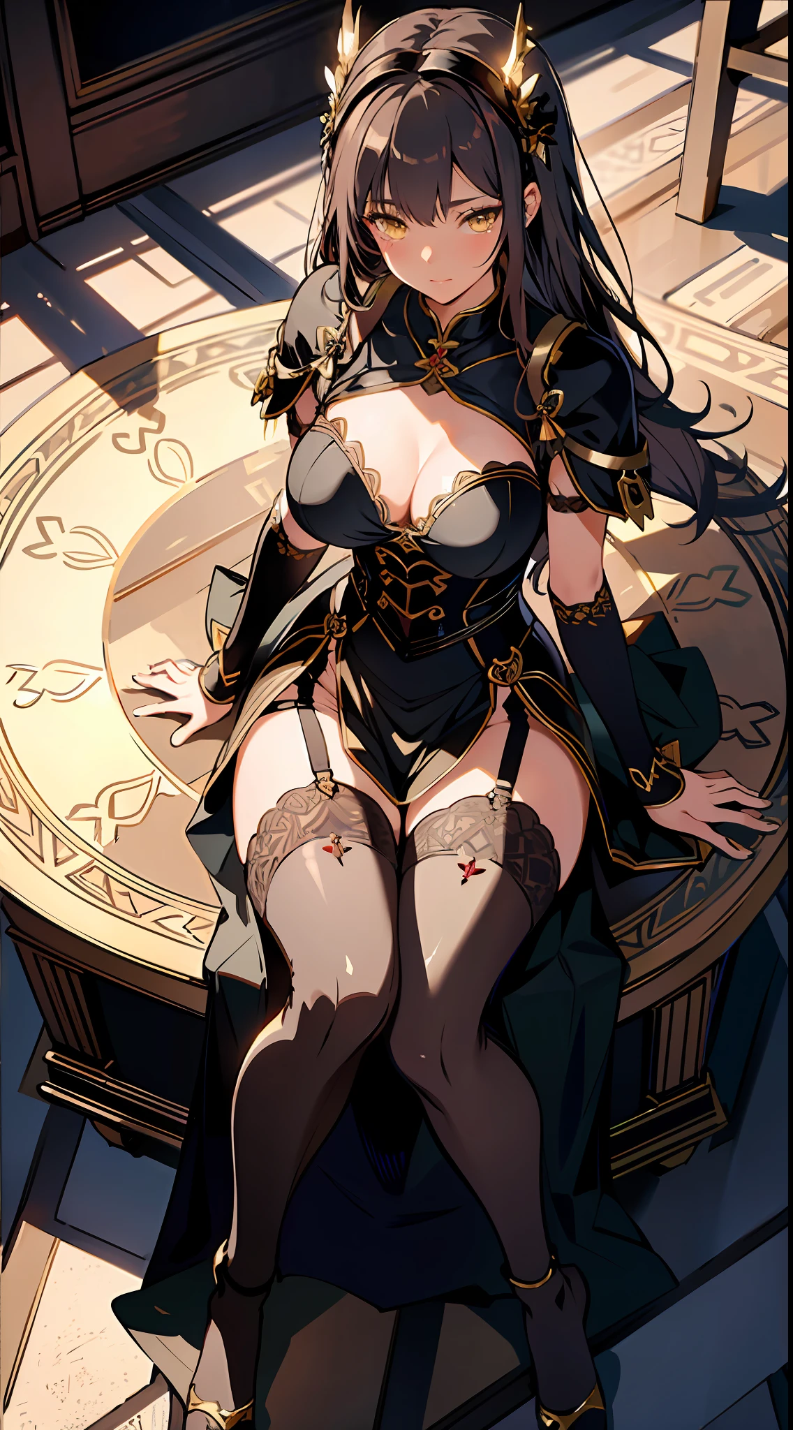 absurd res, high res, (masterpiece:1.4), ultra-detailed, 1girl, from above, space, floating, Chinese dress, red dress, stockings, black hair, yellow eyes, garter belt, black pantyhose, stockings, kneeling (Masterpiece:1.2), best quality, (illustration:1.2), (ultra-detailed), hyper details, (delicate detailed),(focus on panties), black lace panties, spread legs,lace stockings, perky, (intricate details), (cinematic light, best quality Backlights), clear line, from below, solo female, perfect body, (1girl), brown hair, glowing yellow eyes, (emperor, black see-through clothes),(crown:1.1), sitting on Throne, slightly close eyes, looking downward, turn head, ( embarrassed:1.2), ((makeup)), high contrast, (best illumination, an extremely delicate and beautiful), ((cinematic light)), colorful, cleavage, big breasts, large breasts, big boobs, round boobs, beautiful scenery, sexy breasts