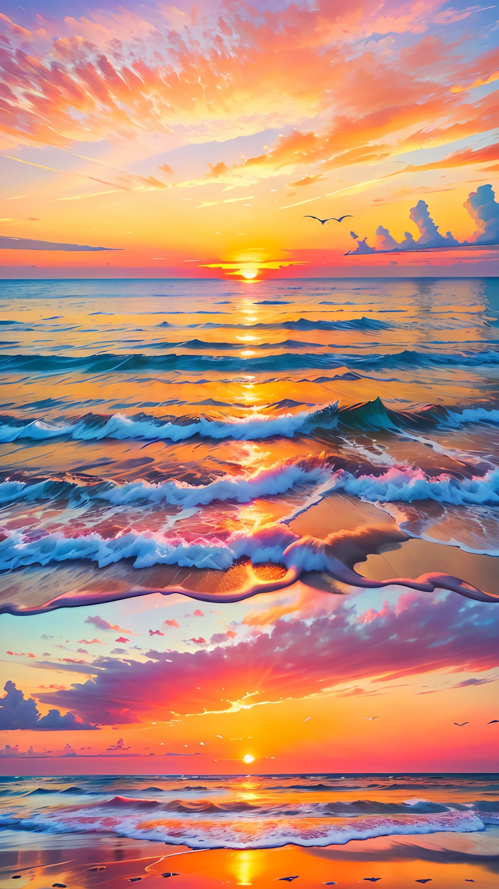An absolutely mesmerizing sunset on the beach with a mix of orange, pink and yellow in the sky. The water is crystal clear, gently kissing the shore, and the white sand beach stretches as far as the eye can see. The scene is dynamic and breathtaking, with seagulls soaring high in the sky and palm trees gently swaying.