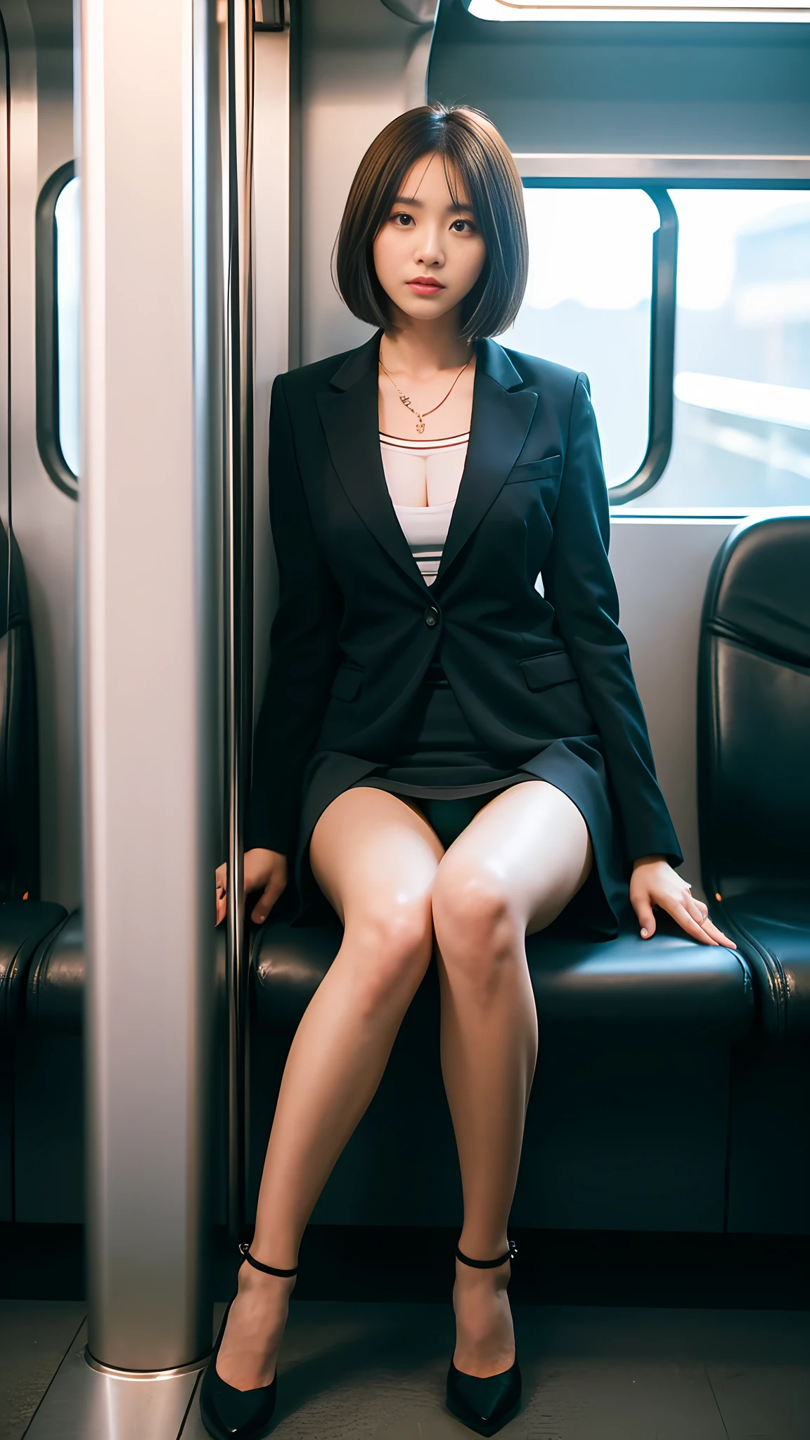 Ala Fed Asian woman in tight skirt sitting on train, Top quality ultra high resolution 8K photo shoot of one girl, angry, ((full body)), (short hair: 1.1), full body, fox eyes, suit jacket, shirt, necklace, (show panties), camel toe, high heels, yamanote line, highly detailed face and skin texture, detailed eyes, double eyelids, Images shot with soft bokeh look as attractive as if they were shot on old-fashioned 35mm film. Smartphones