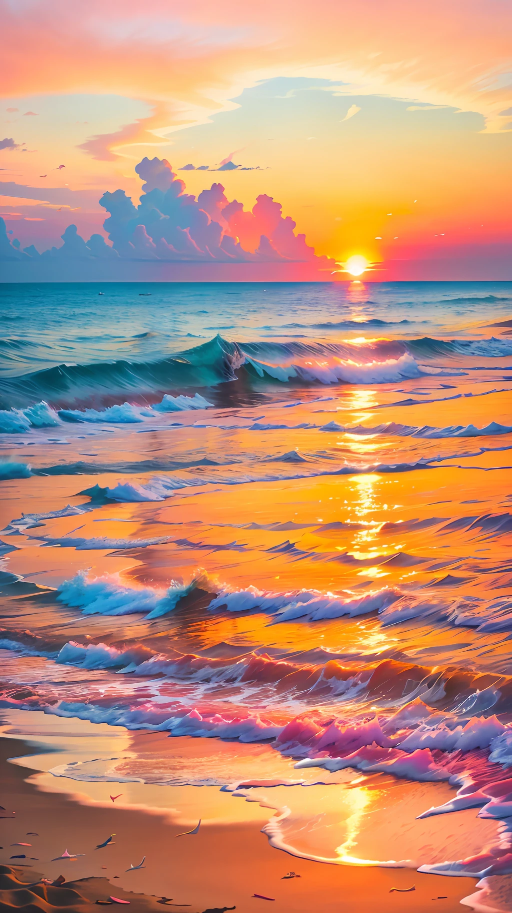 An absolutely mesmerizing sunset on the beach with a mix of orange, pink and yellow in the sky. The water is crystal clear, gently kissing the shore, and the white sand beach stretches as far as the eye can see. The scene is dynamic and breathtaking, with seagulls soaring high in the sky and palm trees gently swaying.
