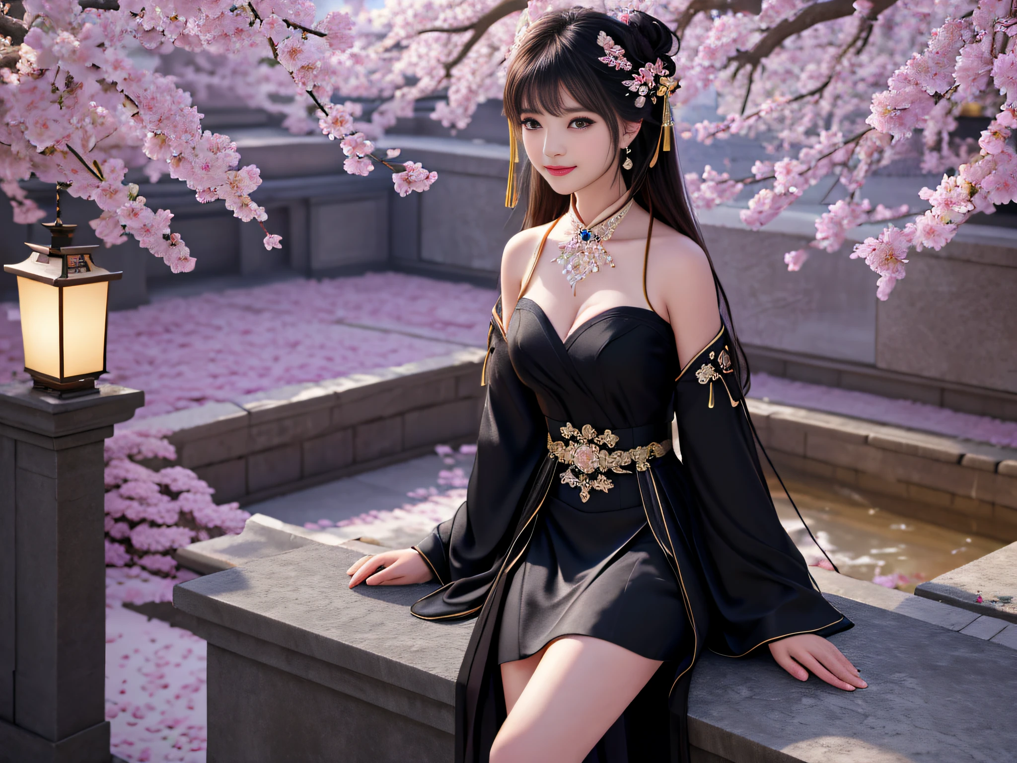 (Best quality: 1.2), Masterpiece, High quality, High resolution, Excellent, Photo, 8k, wallpaper, very realistic and realistic, ((((((a girl))))), (((((solo)))))), sitting on stone, facing the audience, blush, star pupils, (realistic face), (high detail face), bright big eyes, (smile: 0.9), sweet smile, beautiful and delicate face, sexy body, (high detail skin: 1.2), Chinese Hanfu, (( Black dress)), ribbon, ribbon, short skirt, leaky shoulders, leaky legs, (bandeau), (cleavage)), big boobs, ((long hair)), (bangs), hair bun, detailed hair accessories, necklaces, jewelry, beauty, light sense, ancient architecture, ancient courtyard, courtyard full of plum blossoms, detailed background, 8k uhd, SLR, soft light, high quality, volumetric lighting, candid shot, photo, high resolution, 4k
