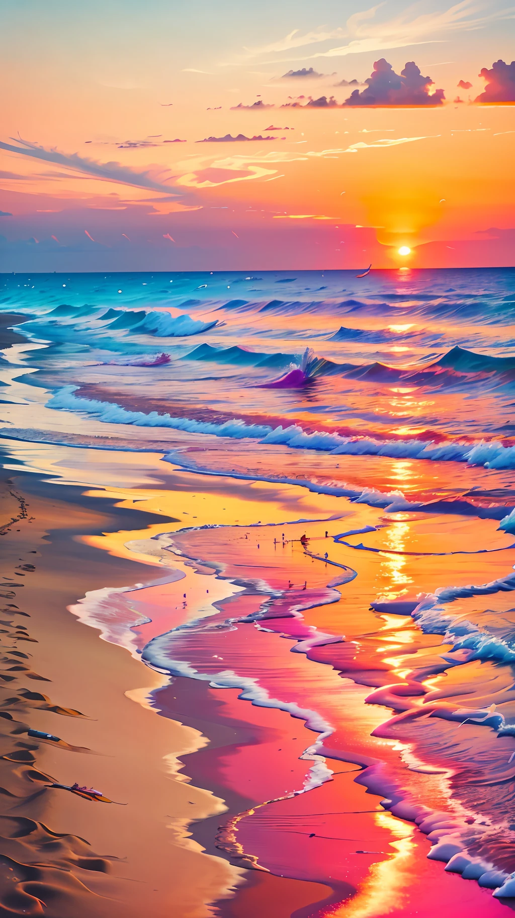 An absolutely mesmerizing sunset on the beach with a mix of orange, pink and yellow in the sky. The water is crystal clear, gently kissing the shore, and the white sand beach stretches as far as the eye can see. The scene is dynamic and breathtaking, with seagulls soaring high in the sky and palm trees gently swaying.