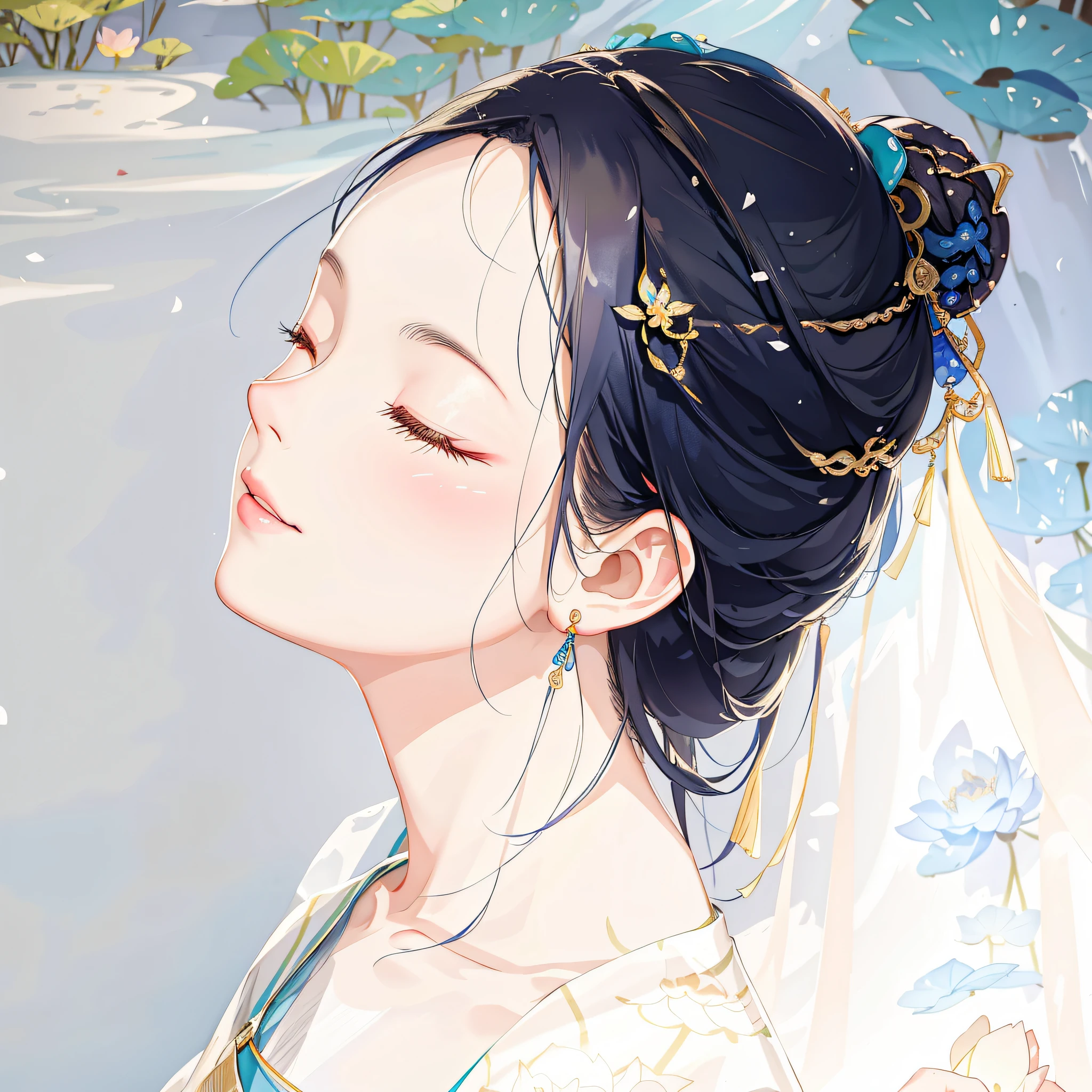 Ancient Chinese beauty sitting on stone, round face, eyes closed, wearing ancient Chinese clothing, flowing blue tulle, light silk, lazy pose, large lotus leaves, lotus flowers, ink painting style, clean colors, decisive cutting, white space, freehand, masterpiece, super detailed, epic composition, high quality, highest quality, 4k --v 6