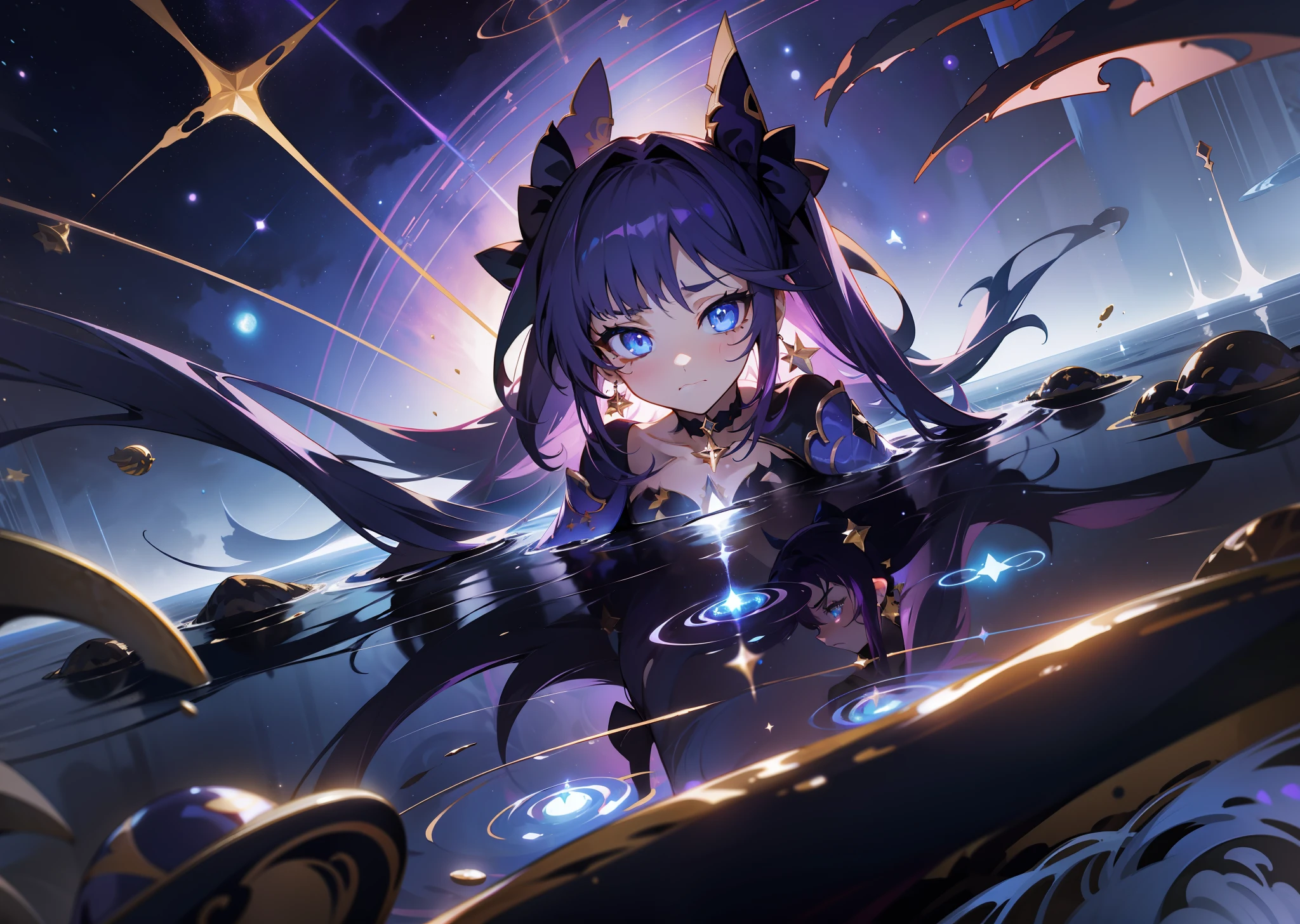 (1 girl), illustration, Mona \(Genshin Impact\), choker, star \(symbol\), witch, blue eyes, shining eyes, dark purple hair, tails, two tails, earrings, gold jewelry, sad face, sadness, sadness, sexy, landscape, night, reflection, water, magic, drowning, tragedy, radiance, space, star explosion, tarot, deep sea, glow