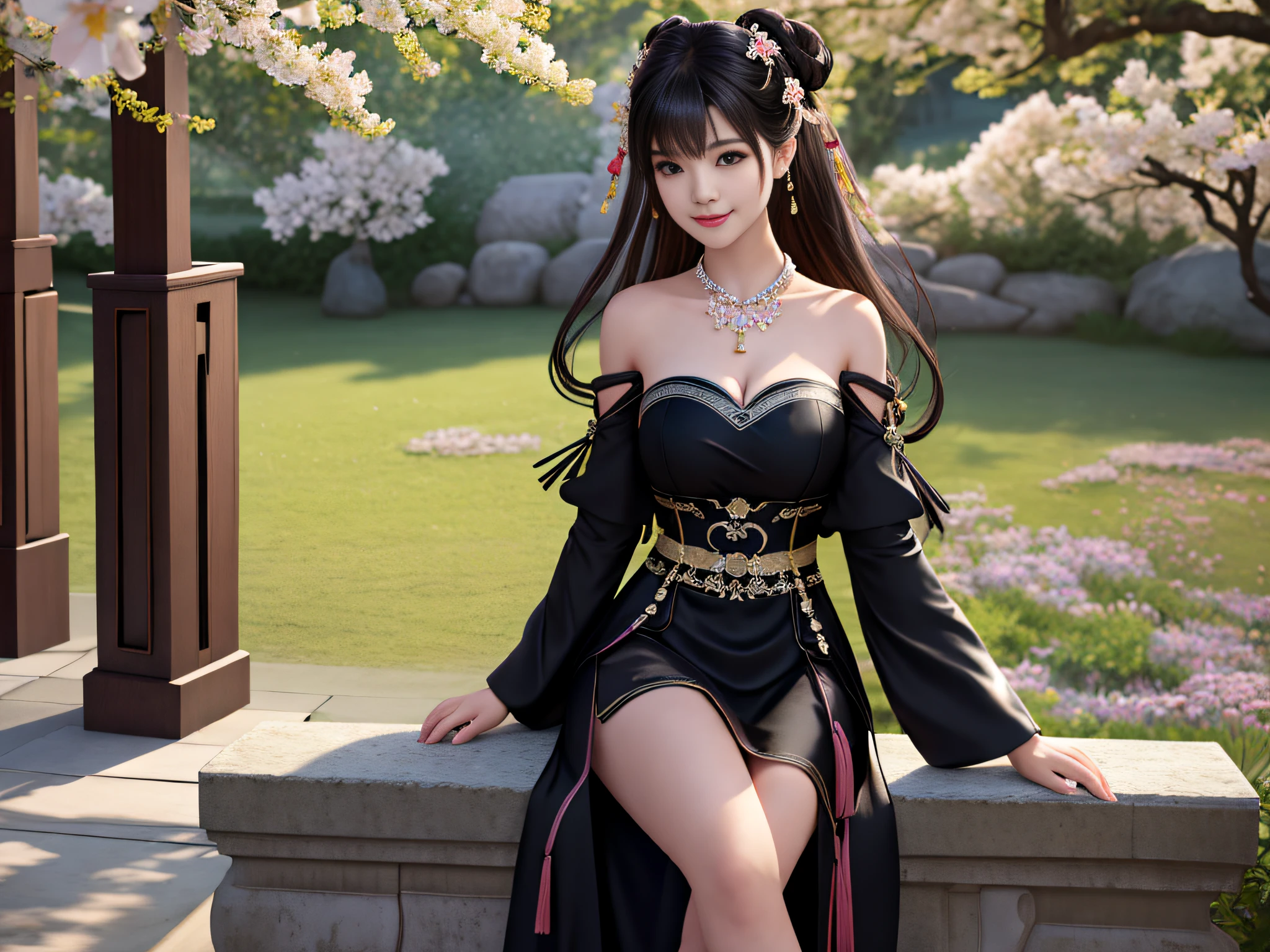 (Best quality: 1.2), Masterpiece, High quality, High resolution, Excellent, Photo, 8k, wallpaper, very realistic and realistic, ((((((a girl))))), (((((solo)))))), sitting on stone, facing the audience, blush, star pupils, (realistic face), (high detail face), bright big eyes, (smile: 0.9), sweet smile, beautiful and delicate face, sexy body, (high detail skin: 1.2), Chinese Hanfu, (( Black dress)), ribbon, ribbon, short skirt, leaky shoulders, leaky legs, (bandeau), (cleavage)), big boobs, ((long hair)), (bangs), hair bun, detailed hair accessories, necklaces, jewelry, beauty, light sense, ancient architecture, ancient courtyard, courtyard full of plum blossoms, detailed background, 8k uhd, SLR, soft light, high quality, volumetric lighting, candid shot, photo, high resolution, 4k
