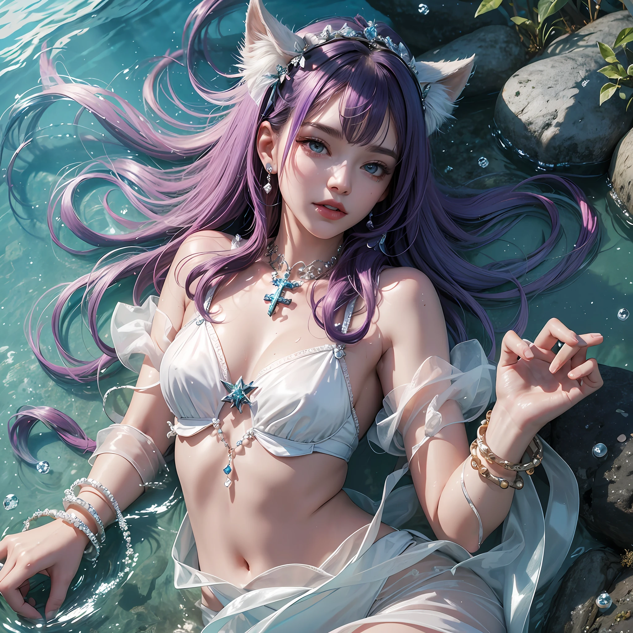 High detail, 8k resolution, partially underwater shot, delicate facial features, perfect face, goddess, diver, eyebrows raised, eyes wide open, watery eyes, lipstick, animal ears, pale face, fake smile, hair over the shoulder, rainbow hair, oblique bangs, fluffy hair, messy hair, ta hair accessories, stud earrings, pearl bracelet, corsage, see-through outfit, wet, barefoot, tied to cross, tilted head, finger interlocking, winter, glacier, ambient light, light leakage effect, natural light --auto --s2