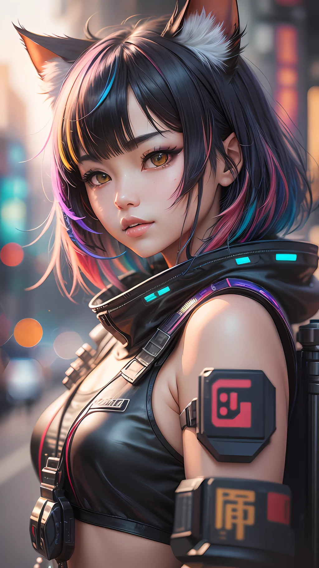 a beautiful photorealistic photograph of an Asian cyberpunk catgirl with fringe cut bangs long multicolor hair, ((Best quality)), ((masterpiece)), (detailed: 1.4), depth of field focus f/2.8