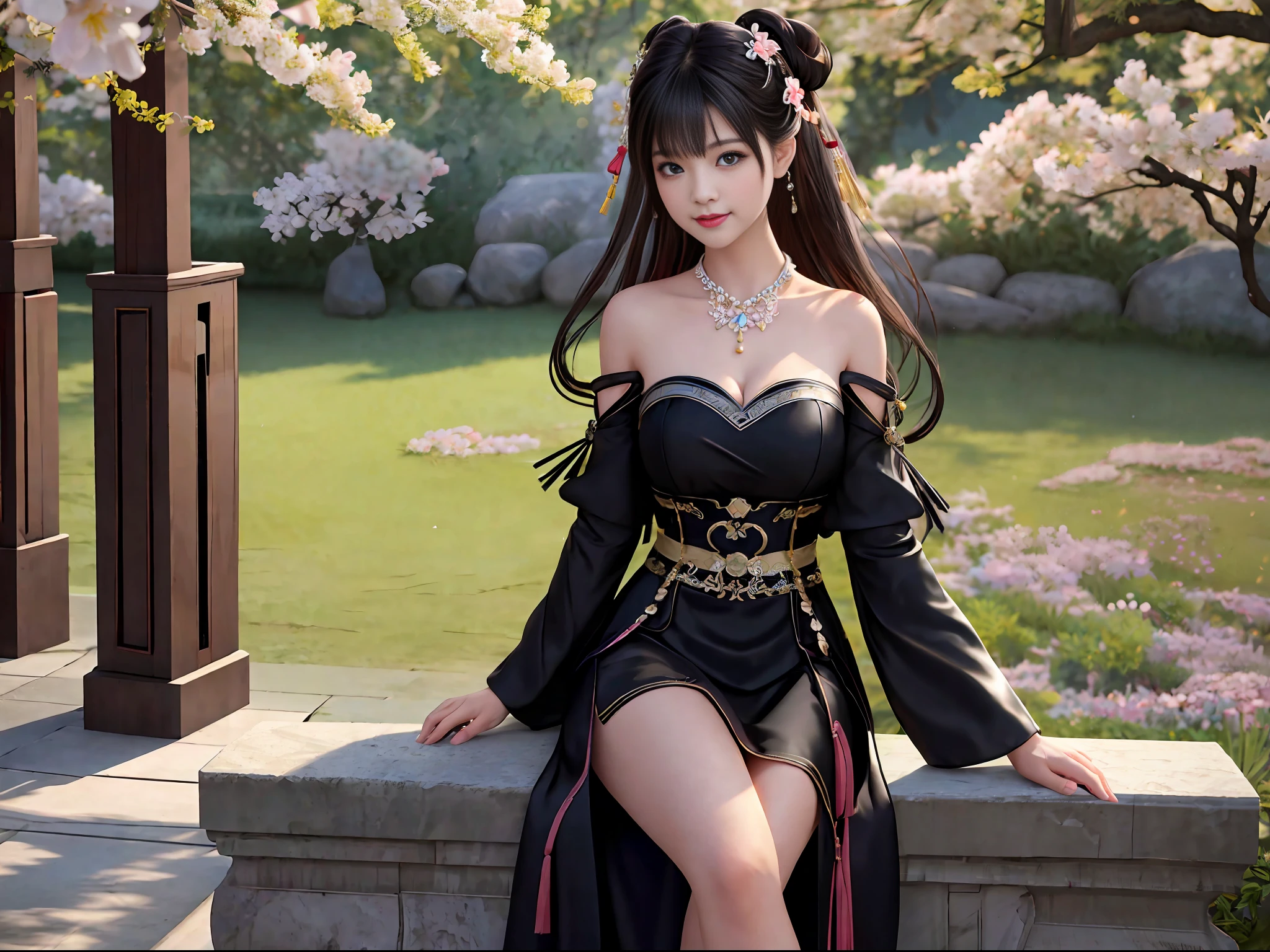 (Best quality: 1.2), Masterpiece, High quality, High resolution, Excellent, Photo, 8k, wallpaper, very realistic and realistic, ((((((a girl))))), (((((solo)))))), sitting on stone, facing the audience, blush, star pupils, (realistic face), (high detail face), bright big eyes, (smile: 0.9), sweet smile, beautiful and delicate face, sexy body, (high detail skin: 1.2), Chinese Hanfu, (( Black dress)), ribbon, ribbon, short skirt, leaky shoulders, leaky legs, (bandeau), (cleavage)), big boobs, ((long hair)), (bangs), hair bun, detailed hair accessories, necklaces, jewelry, beauty, light sense, ancient architecture, ancient courtyard, courtyard full of plum blossoms, detailed background, 8k uhd, SLR, soft light, high quality, volumetric lighting, candid shot, photo, high resolution, 4k