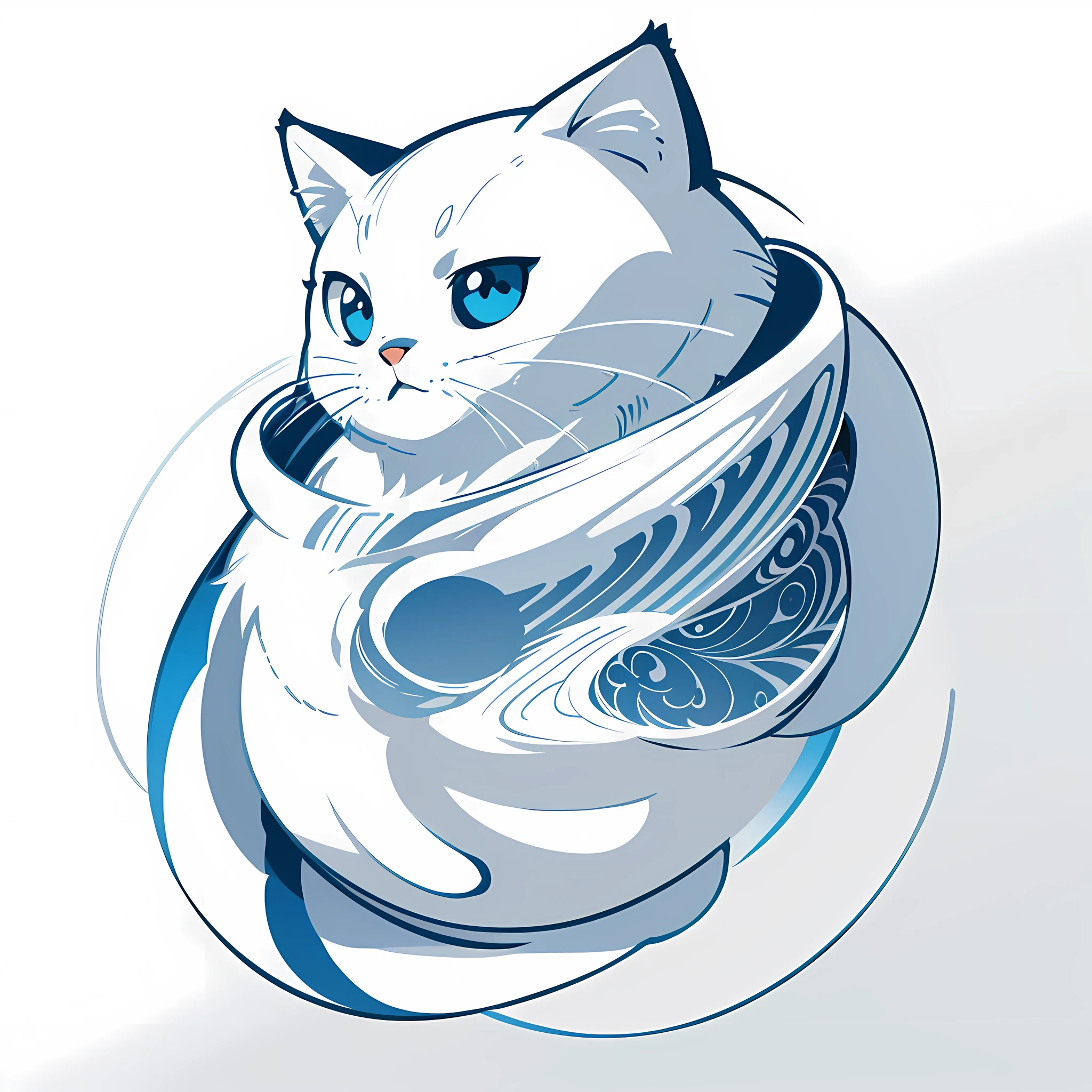 High resolution, 2D, white mackerel cat line art logo, pale blue background, white mackerel cat, minimalistic and simple logo, smooth vector illustration, monochrome