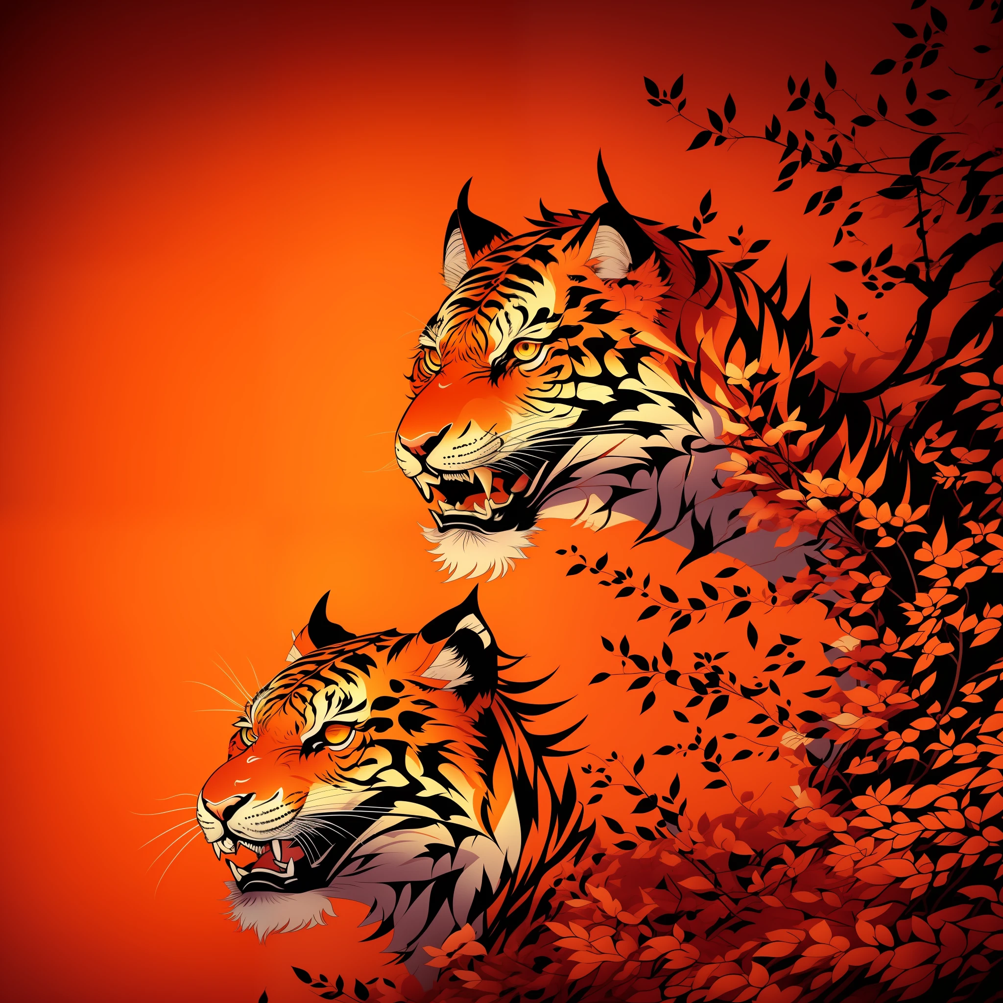 Close-up of an ancient Chinese adult Siberian tiger, mural, fierce expression, ashura in Chinese mythology, ancient Chinese art style, Wen Boren, light orange yellow Chinese tiger fantasy, mythical creatures, Chinese Siberian tiger concept art, ancient Chinese gorgeous, Chinese mythology, ink flower, inspired by Puhua, an ancient creature, qigong, single close-up, with body