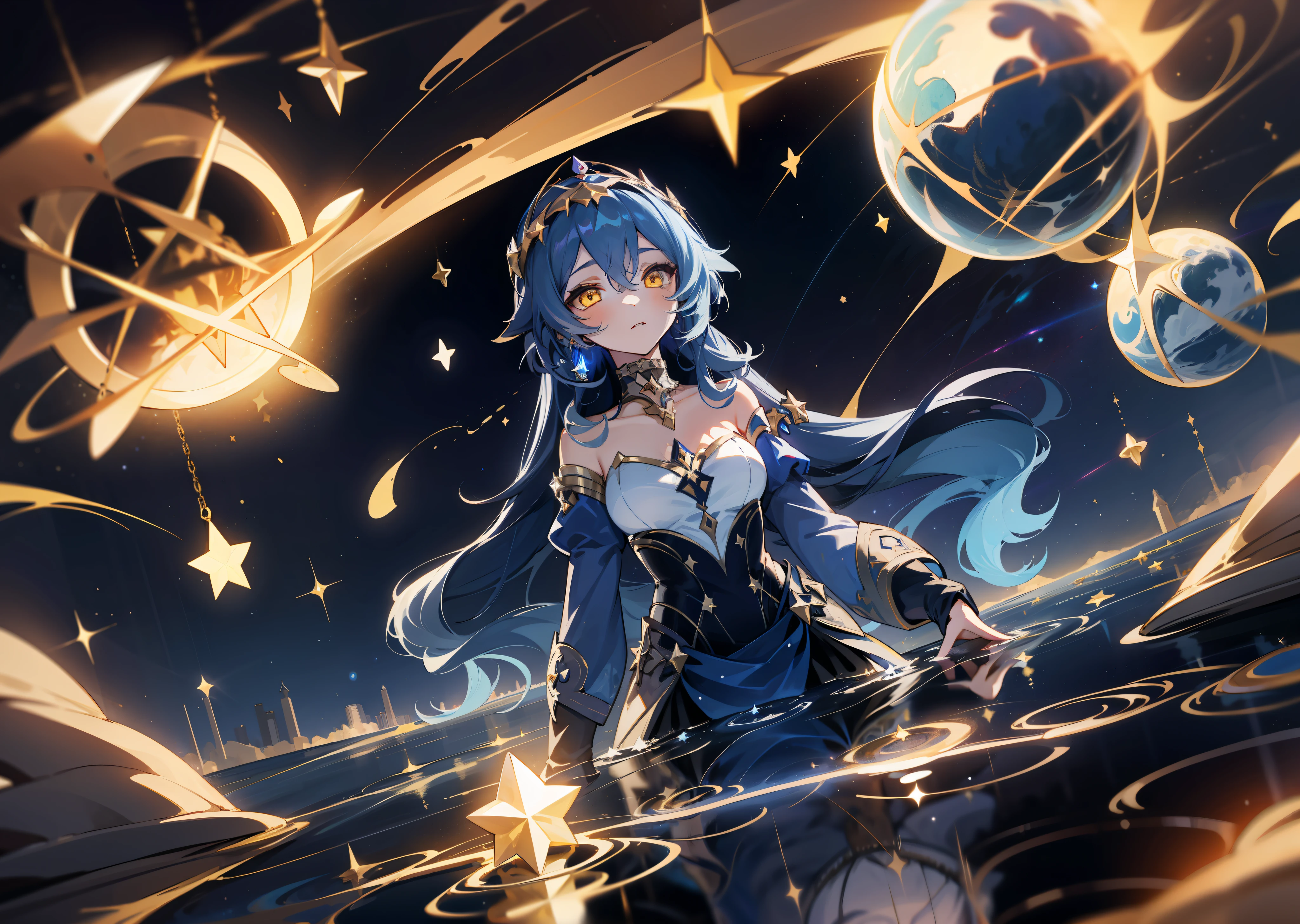 (1girl), illustration, Layla \(Genshin Impact\), choker, star \(symbol\), golden eyes, yellow eyes, glowing eyes, eyes with stars, earrings, gold jewelry, blue skirt, blue dress, landscape, night, reflection, water, magic, drowning, radiance, space, star explosion