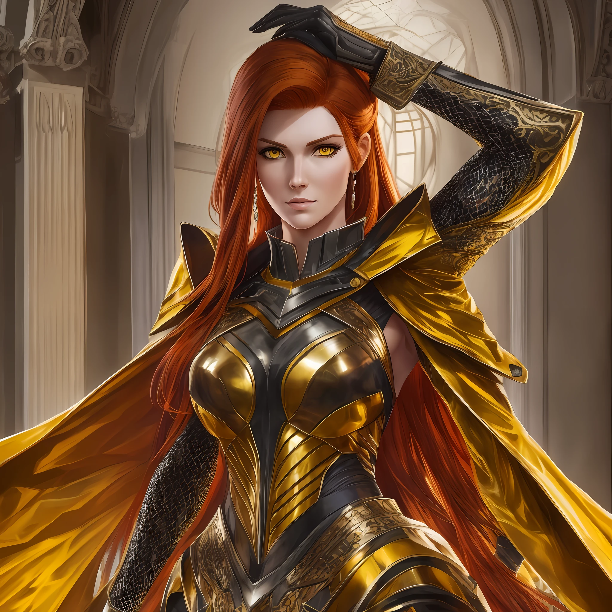 Beautiful tall woman with red hair and yellow eyes super realistic and well detailed suit outfit