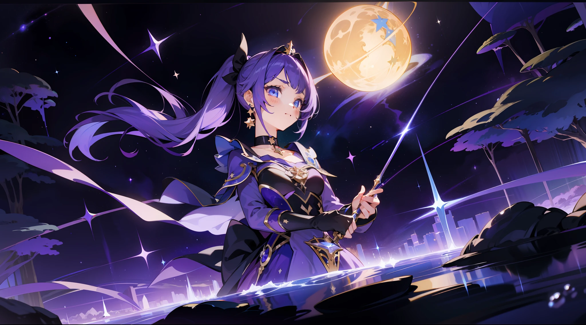 (1 girl), illustration, Mona \(Genshin Impact\), choker, star \(symbol\), witch, blue eyes, shining eyes, dark purple hair, ponytails, earrings, white apron, purple dress, gold jewelry, landscape, night, water, magic, radiance, space, tarot, glow, night sky