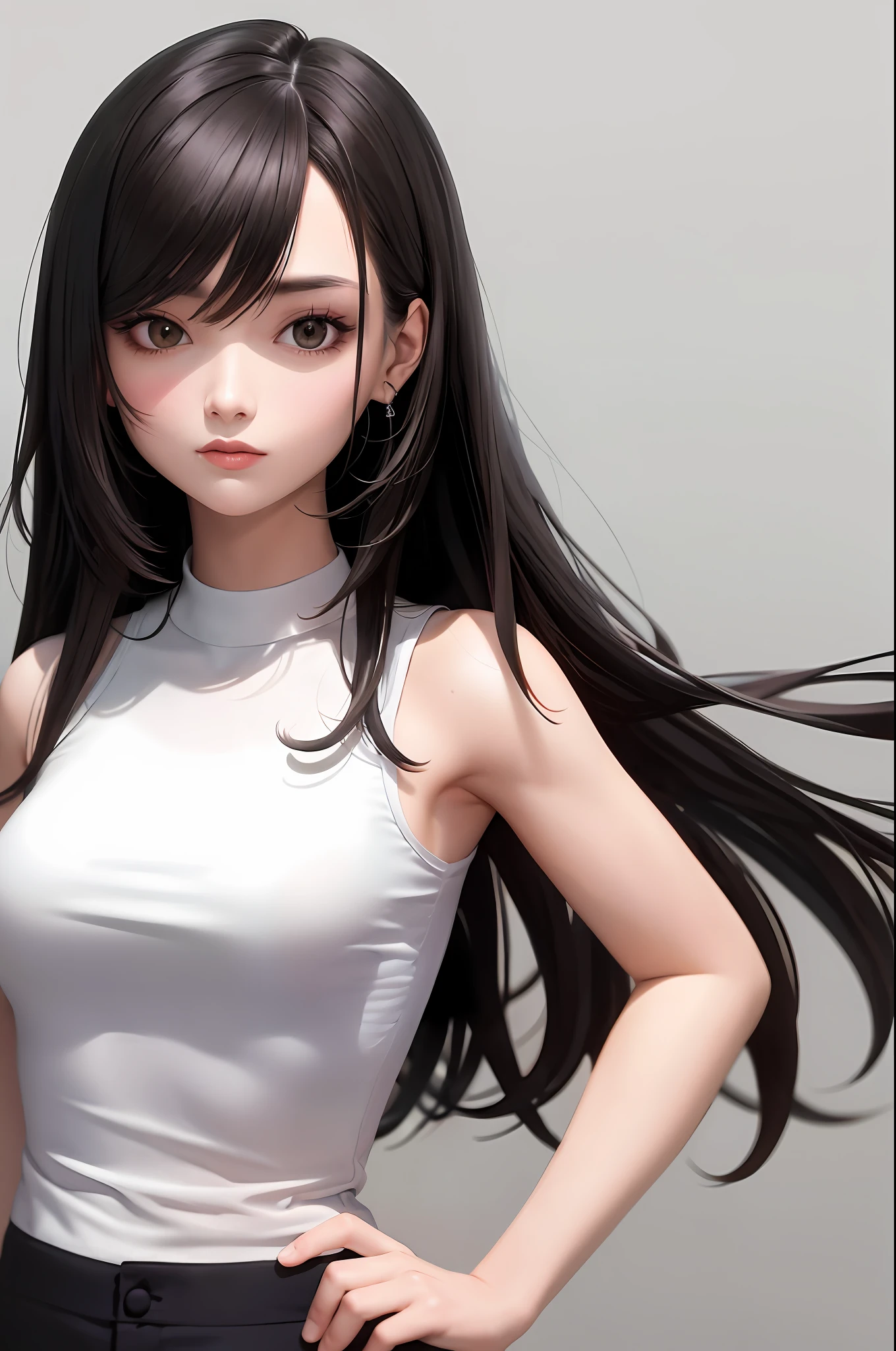 Top quality, masterpiece, black hair, brown eyes, upper body