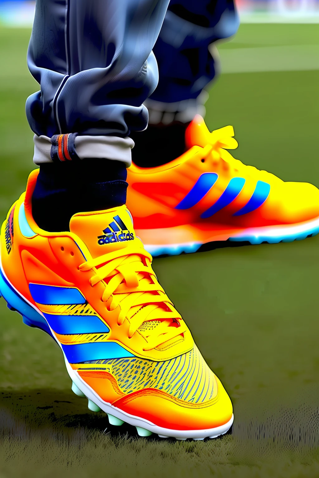 A real soccer shoe Adidas. showing strength, agility, and ferocity. red orange , blue green , gradient --s 750 --style raw