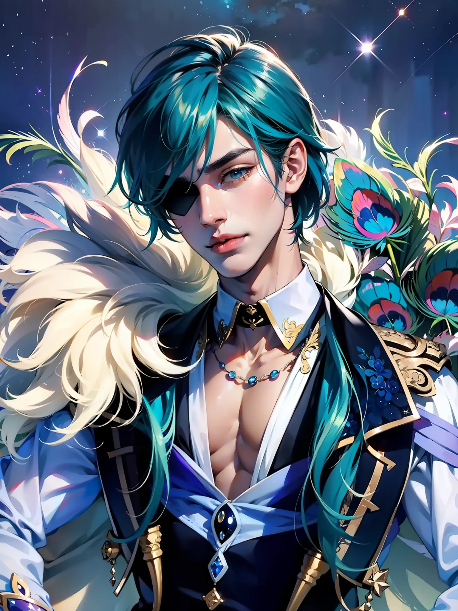 extremely delicate and beautiful, Amazing, finely detail, masterpiece, ultra-detailed, highres,best illustration, best shadow,intricate,sharp focus,  high quality, 1 male solo, mature, handsome, tall muscular guy, broad shoulders, tan skin, dark skin, eyepatch, kaeya genshin impact, holding his pet peacock, peacock feathers on background, peacock feather in front of him, backlight, night sky and stars