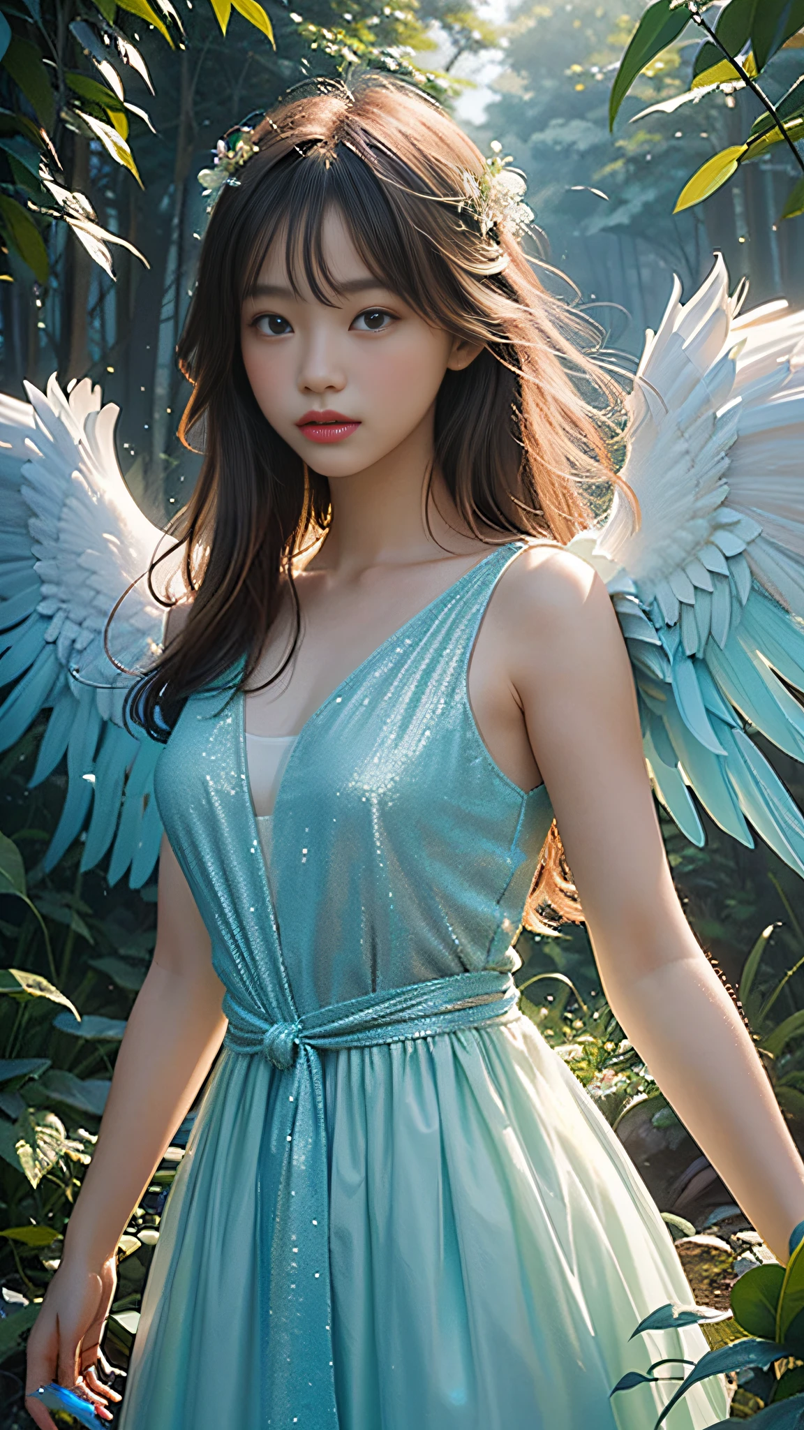 (HD: 1.2), (Best Quality: 1.2), (8K: 1.2), Clear Focus, (Underground Scattering: 1.1), Award Winning Photo (Glowing Bioluminescent Forest: 1.2), Perfect Face, Perfect Beautiful Eyes, Symmetry, Soft Lighting, Perfect Face, Cute Angel, Giant Angel Wings in Rainbow Colors (Highly Detailed Background: 1.2), (Magic Fantasy: 1.0), (Original: 1.1), (Dream Art: 1.1), Dramatic Lighting,