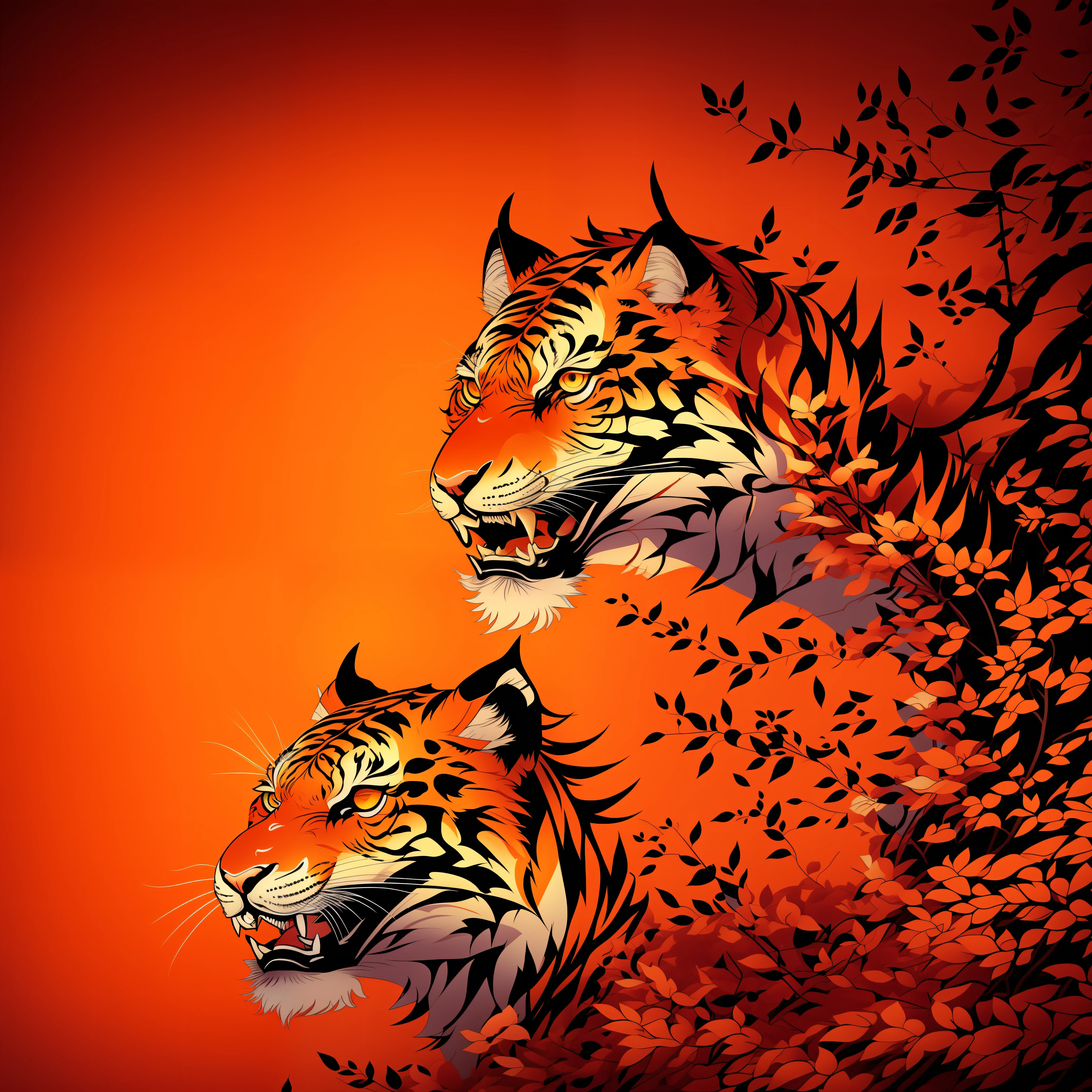Close-up of an ancient Chinese adult Siberian tiger, mural, fierce expression, ashura in Chinese mythology, ancient Chinese art style, Wen Boren, light orange yellow Chinese tiger fantasy, mythical creatures, Chinese Siberian tiger concept art, ancient Chinese gorgeous, Chinese mythology, ink flower, inspired by Puhua, an ancient creature, qigong, single close-up, with body