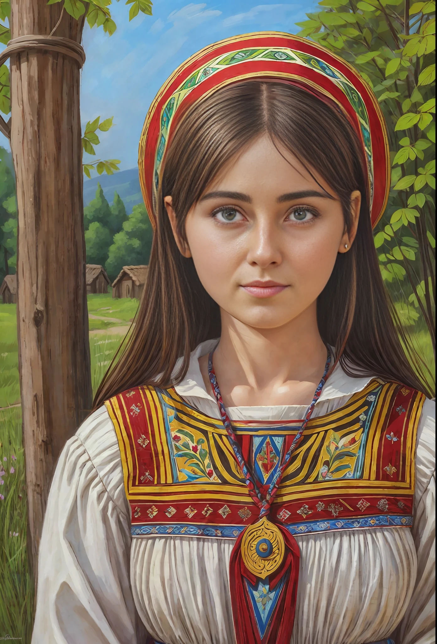 photorealistic portrait a young woman, slavyanic, Slavic, homemade linergie, Russia xii century, village - --auto --s2