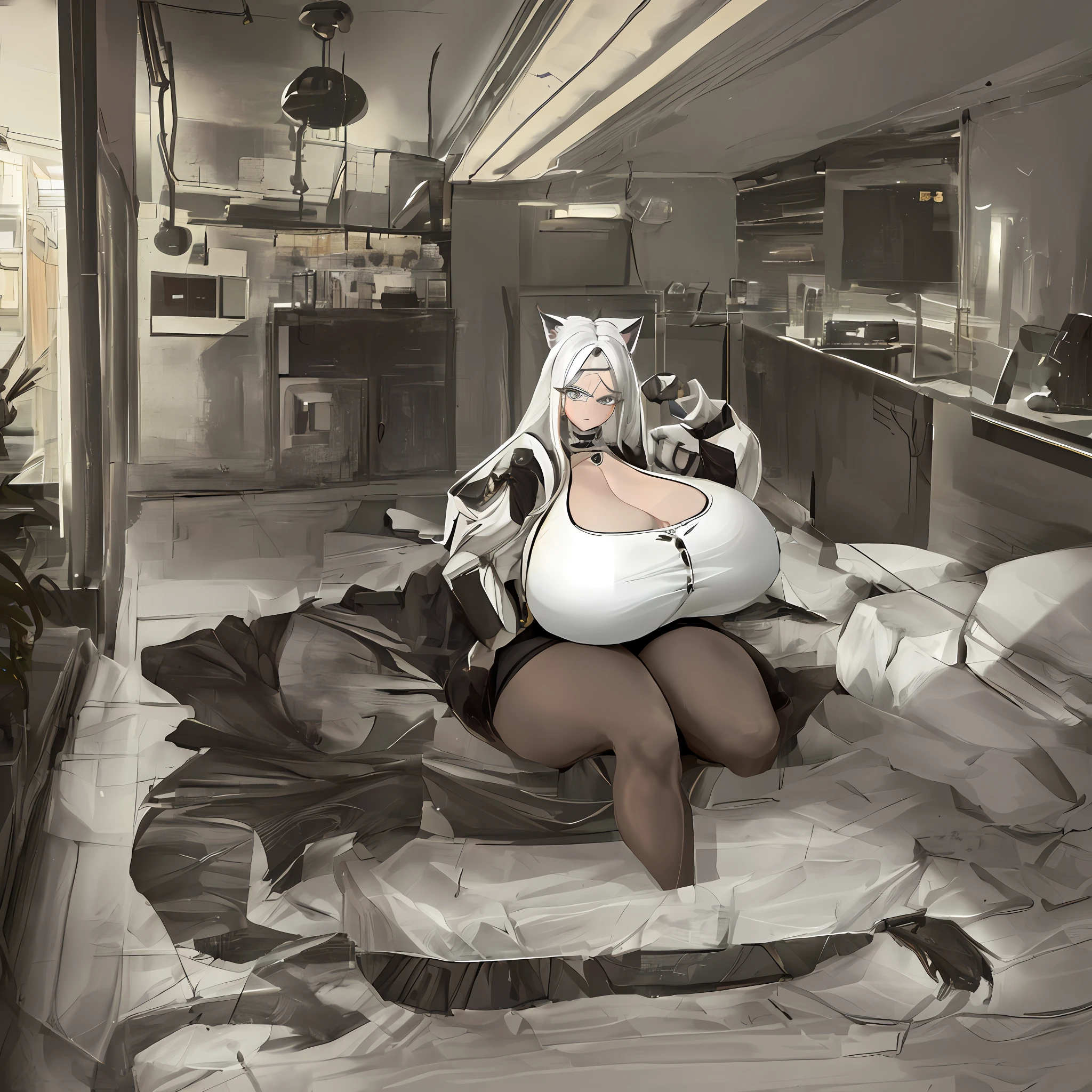 ((masterpiece, best quality)), (1girl), (()), detailed eyes, (white hair), (long hair), cleavage, curvy, thick thighs, fantasy, wide , night, thin waist, midriff, cat ears, (shrit), (beautiful detailed face:1.17), (dark interior), (sitting on the bed), floor to ceiling window, neon light, detailed background, (cyberpunk city), reflected light, ray tracing,