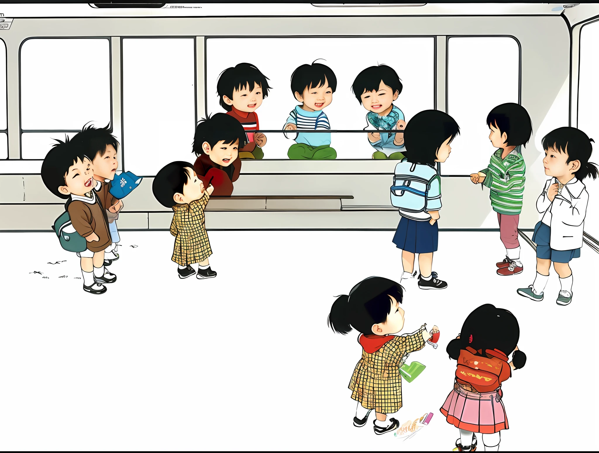 There are many people standing in front of the bus, by Naka Bokunen, by Hiroshi Honda, 1980 manga by Gigadō Ashiyuki, by Urakura Sai Nagahide, by Yokoyama Daikan , by Kaburagi Kiyokata, by Fujiwara Nobuzan, children, by Tsubasa Nakai, children, by Tsubasa Nakai, children's drawing, coloring.