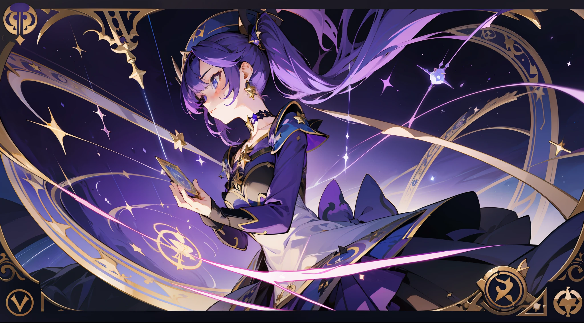 (1 girl), illustration, Mona \(Genshin Impact\), choker, star \(symbol\), witch, blue eyes, shining eyes, dark purple hair, dark purple hair, ponytails, earrings, white apron, purple dress, gold jewelry, landscape, night, water, magic, divination, astrology, tarot cards, spread, fortune-telling, card spread, fortune teller