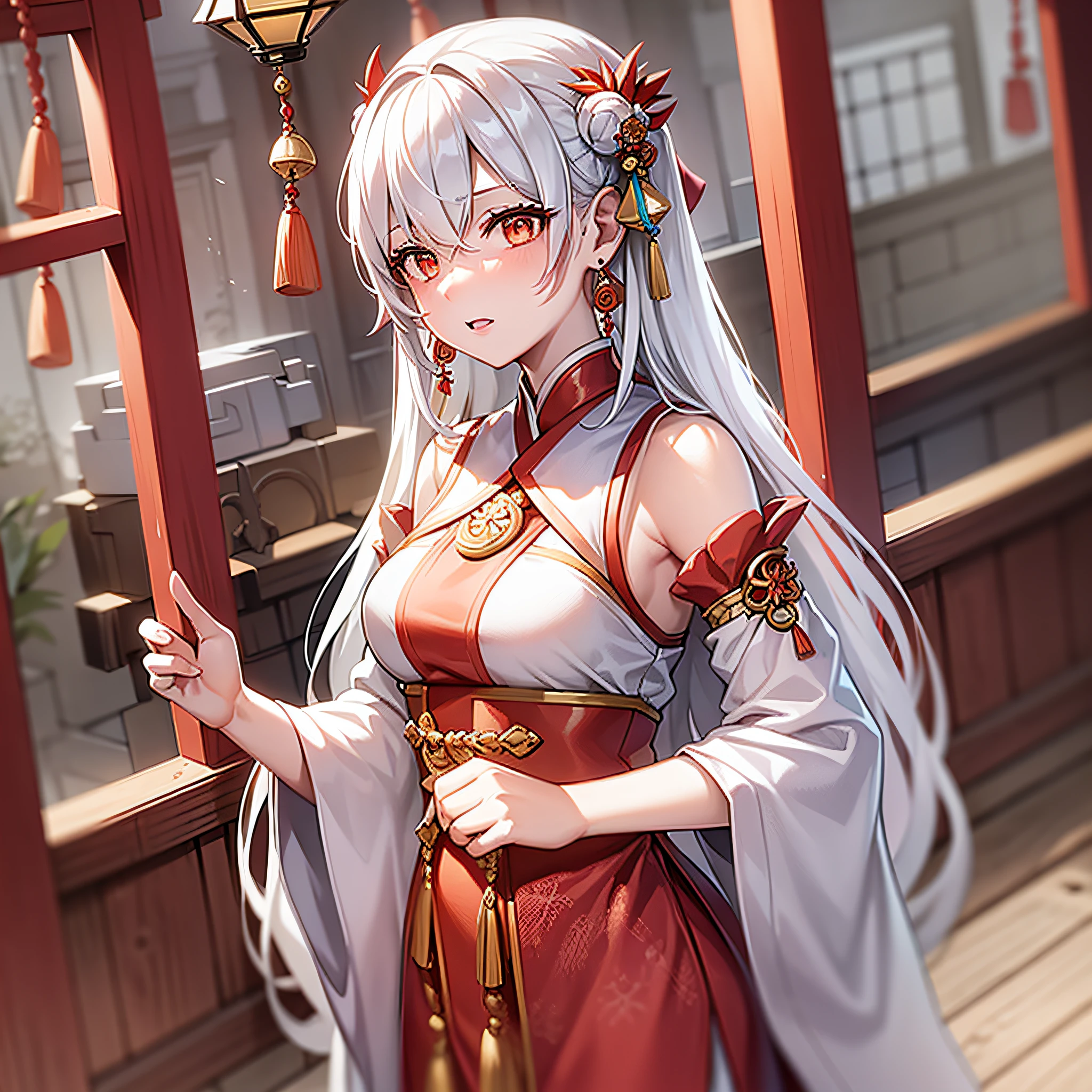 The girl, Imperial Sister Fan, long white hair, orange pupils, aqua-blue snowflake hair ornaments, red fringed earrings, red and white Hanfu, standing in the long pavilion, with copper wind chimes hanging on the edge of the eaves