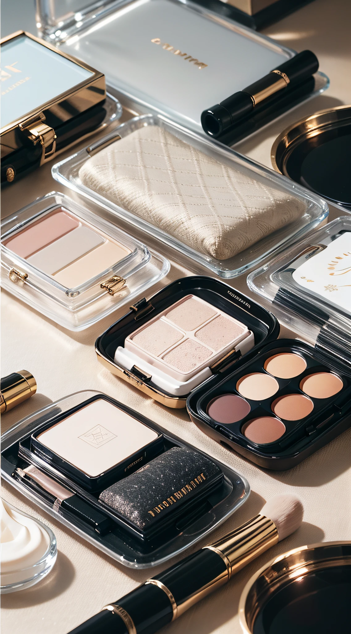 Beauty blogger's recommended app homepage, asking for women's side face, display of cosmetic products, from left, beautiful romantic skin impeccable, Rembrandt lamp, 8k HD, clear outer contour, bokeh, shutter 300, FM5