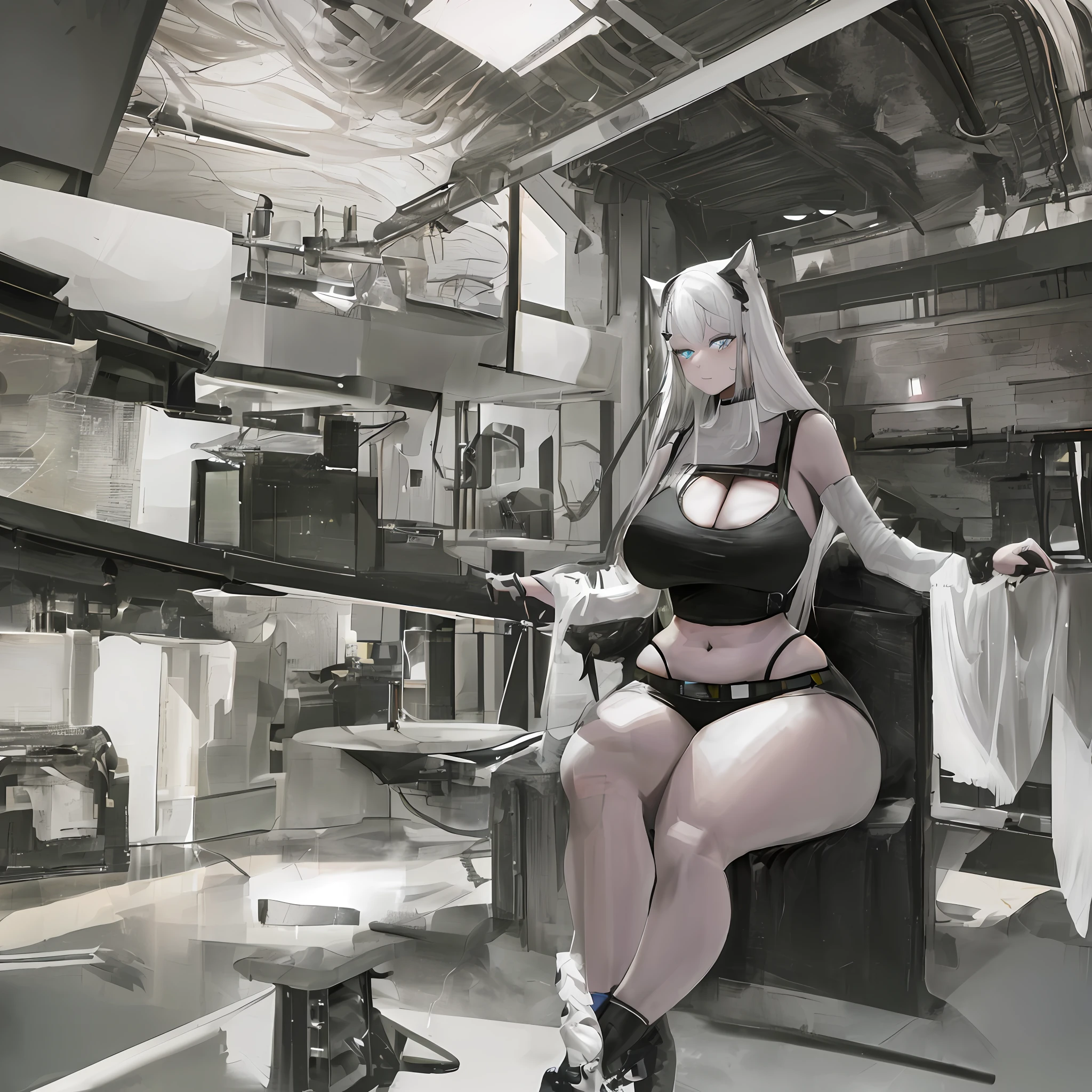 ((masterpiece, best quality)), (1girl), ((big breasts)), detailed eyes, (white hair), (long hair), cleavage, curvy, thick thighs, fantasy, wide hips, night, thin waist, midriff, cat ears, (shrit), (beautiful detailed face:1.17), (dark interior), (sitting on the bed), floor to ceiling window, neon light, detailed background, (cyberpunk city), reflected light, ray tracing,