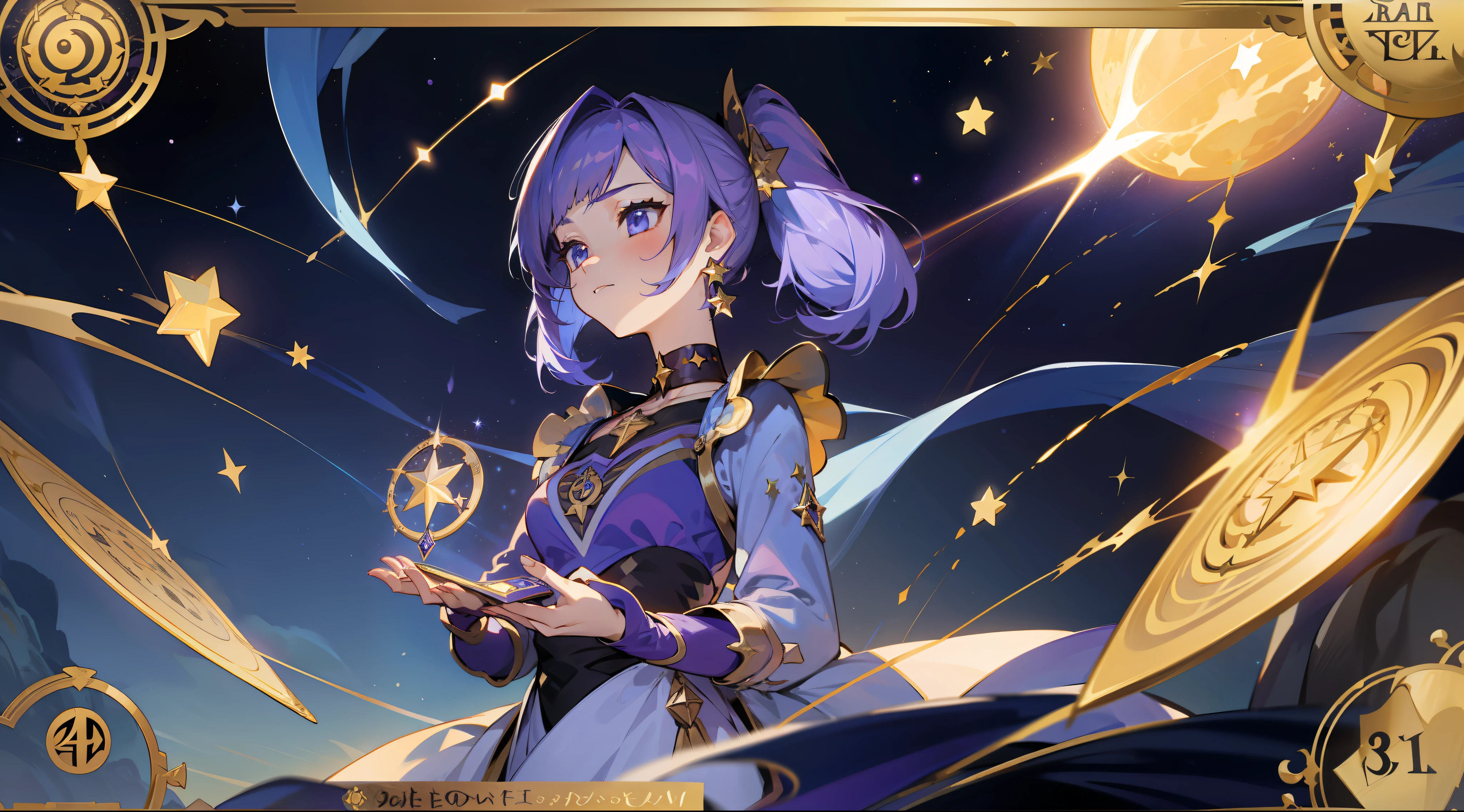 (1 girl), illustration, Mona \(Genshin Impact\), choker, star \(symbol\), witch, blue eyes, shining eyes, dark purple hair, ponytails, earrings, white apron, purple dress, gold jewelry, gold star in hands, star in hands, stars, landscape, night, water, magic, radiance, space, tarot, glow, night sky, divination, astrology, tarot cards, spread, oracle, casting, fortune-telling, card layout, fortune teller