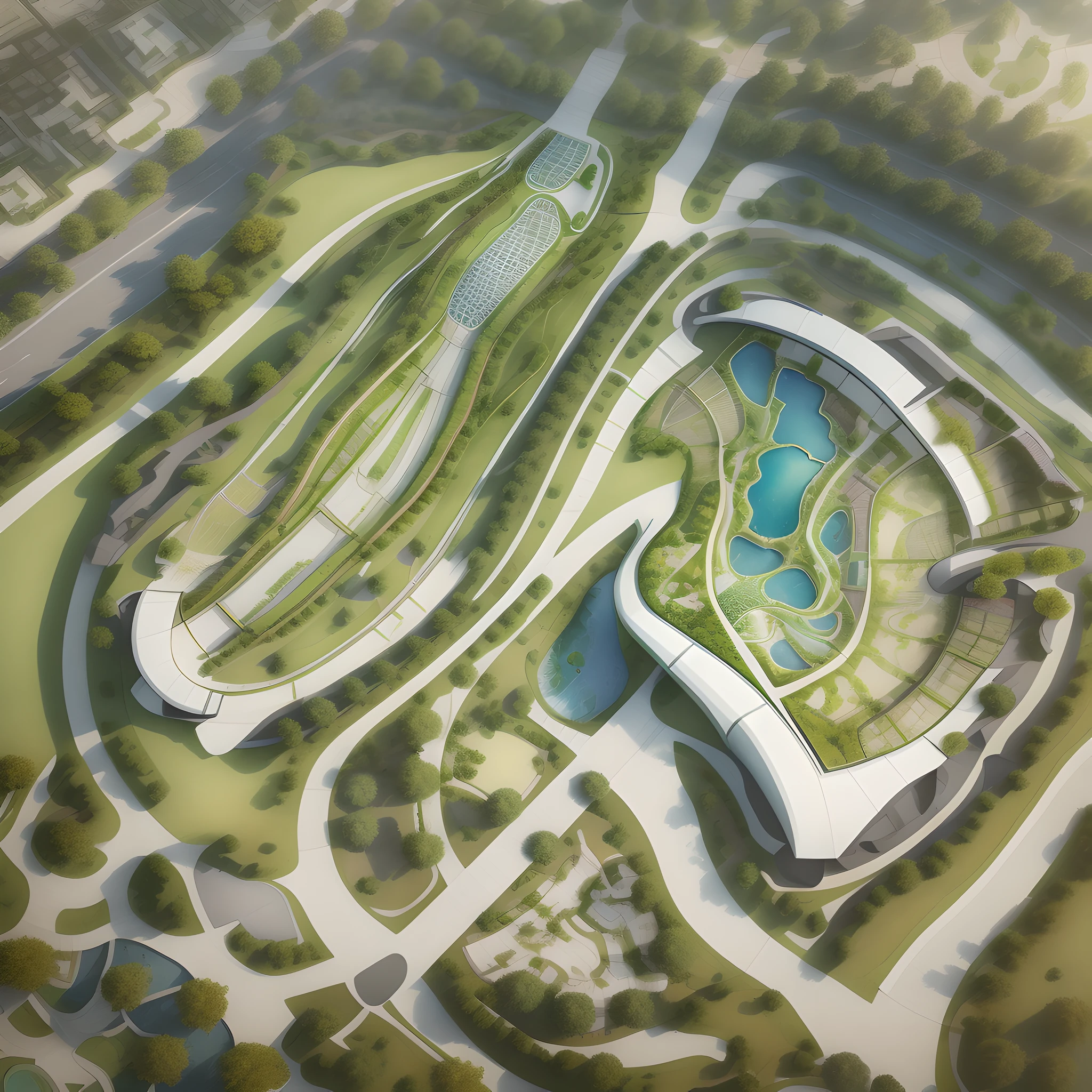 Curved road network, zaha style, color floor plan vertical panorama (masterpiece) aerial view of park with water park and curved road network, (high quality), aerial view of park with pond and many trees, concept rendering, aerial illustration, upper view, very elegant and complex, deformed complex 3D rendering zaha style, color floor plan, terrain, gallery, runway, vertical panorama of aerial view of park with water park and curved road network, photos taken from above, complex 3D rendering, complex 3D rendering, realistic rendering, architectural rendering, detailed rendering, architectural visualization, digital rendering, landscape architecture photo best quality, super detailed, (full detail), (4k), 8k, tree, house, grass, buildings, curved road, topography. Terrain (masterpiece), (high quality), best quality, super detailed, (full detail), (4k), tree, no humans, door, water, house, building, grass, simple background, window, from above, park Aerial view of park with pond and many trees, concept rendering, aerial illustration, upper view, very elegant and complex, deformed complex 3d rendering zaha style, color floor plan, terrain, gallery, runway, vertical panorama of the park with aerial view of water park and curved road network, photos taken from above, complex 3d rendering, complex 3d rendering, realistic rendering, architectural rendering, detailed rendering, architectural visualization, digital rendering, landscape architecture photos