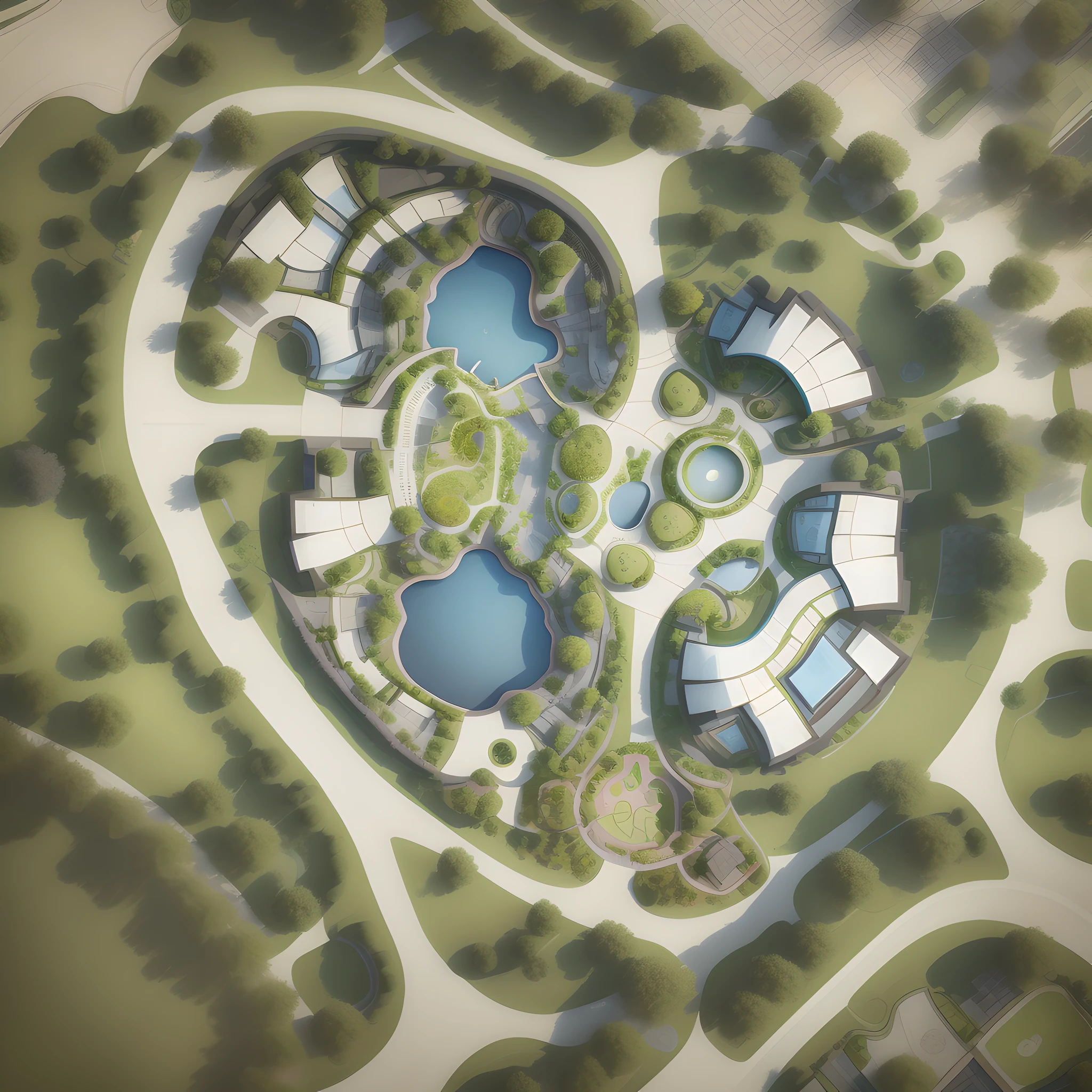 Curved road network, zaha style, color floor plan vertical panorama (masterpiece) aerial view of park with water park and curved road network, (high quality), aerial view of park with pond and many trees, concept rendering, aerial illustration, upper view, very elegant and complex, deformed complex 3D rendering zaha style, color floor plan, terrain, gallery, runway, vertical panorama of aerial view of park with water park and curved road network, photos taken from above, complex 3D rendering, complex 3D rendering, realistic rendering, architectural rendering, detailed rendering, architectural visualization, digital rendering, landscape architecture photo best quality, super detailed, (full detail), (4k), 8k, tree, house, grass, buildings, curved road, topography. Terrain (masterpiece), (high quality), best quality, super detailed, (full detail), (4k), tree, no humans, door, water, house, building, grass, simple background, window, from above, park Aerial view of park with pond and many trees, concept rendering, aerial illustration, upper view, very elegant and complex, deformed complex 3d rendering zaha style, color floor plan, terrain, gallery, runway, vertical panorama of the park with aerial view of water park and curved road network, photos taken from above, complex 3d rendering, complex 3d rendering, realistic rendering, architectural rendering, detailed rendering, architectural visualization, digital rendering, landscape architecture photos