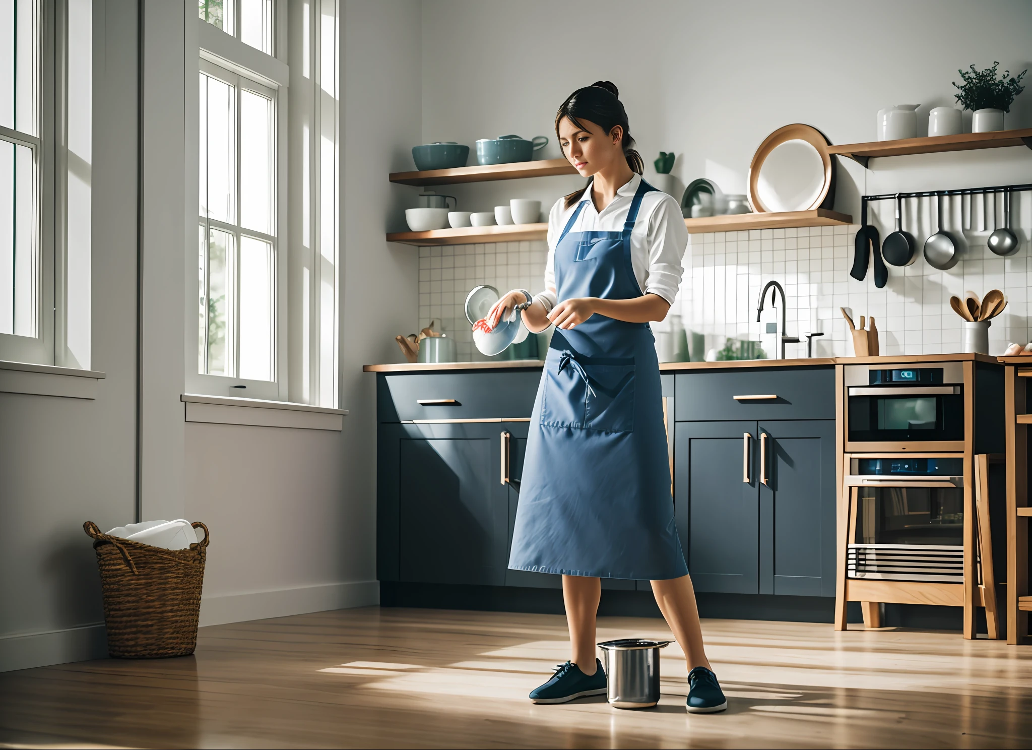 RAW photo, a woman, full body portrait, interior, realistic, living room, 1girl, cleaning job, washing dishes, rinsing dishes with water, blue eyes, kitchen, apron, solo, brunette hair, high quality, film grain, Fujifilm XT3, full body portrait, photography, realism, asian --auto --s2