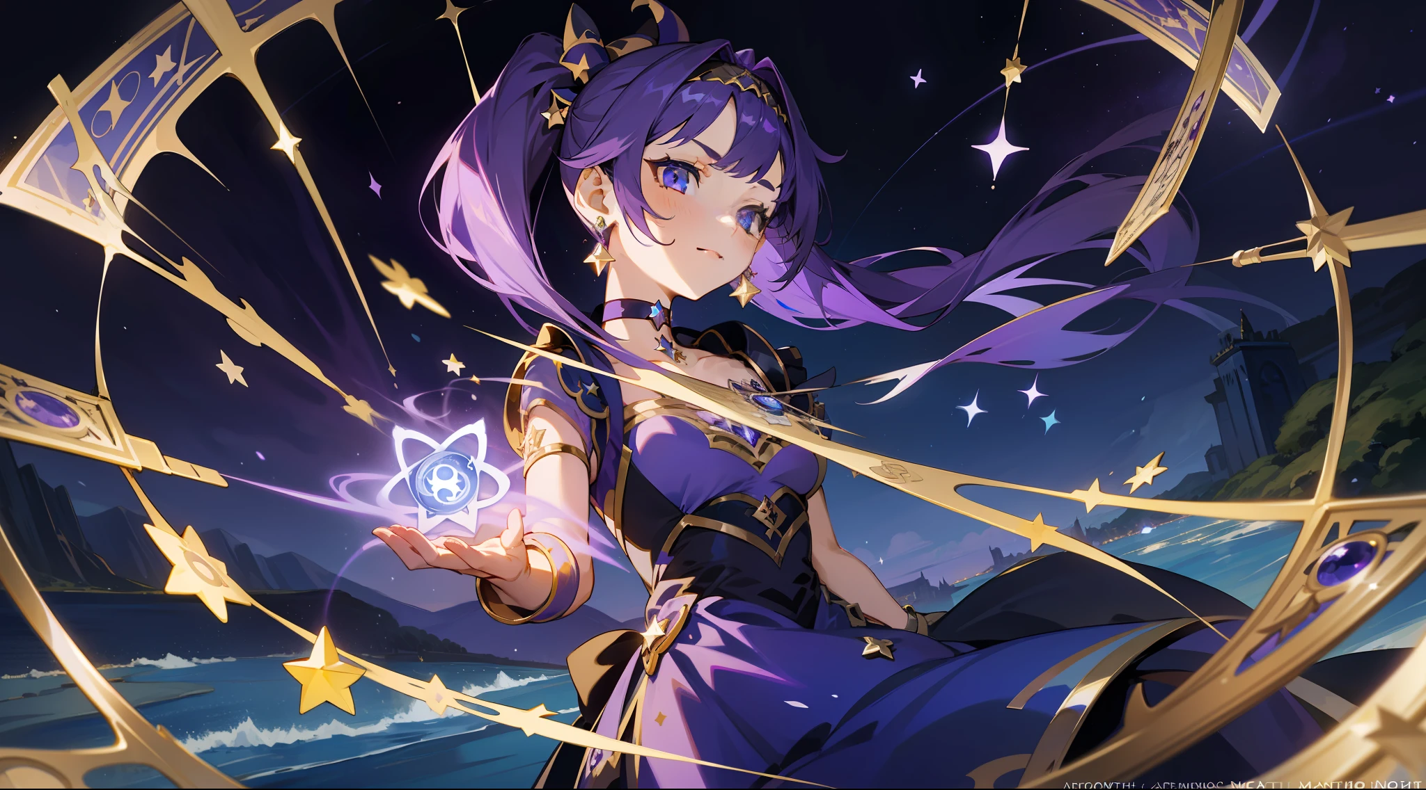 (1 girl), illustration, Mona \(Genshin Impact\), choker, star \(symbol\), witch, blue eyes, shining eyes, dark purple hair, dark purple hair, ponytails, earrings, white apron, purple dress, gold jewelry, landscape, night, water, magic, divination, tarot cards, spread, fortune-telling, card spread, fortune teller