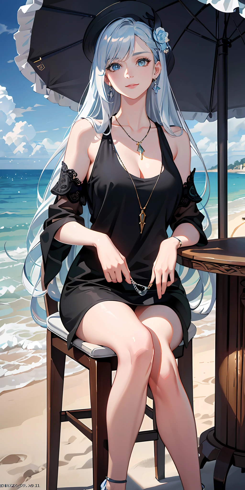 (Masterpiece, Elaborate Beautiful Eyes: 1.2), (Light Blue Hair: 1.2), (Zephyr's Eye Color: 1.1), Long Hair, Straight Hair, (Black Tank Top: 1.2), Realistic Lighting, Beautiful Lighting, Ray Tracing, Photorealistic, (Hyperrealistic: 1.2), High Resolution, 4K, 8K, (Highly Detailed CG, 8K Wallpaper: 1.1), Very elaborate and sharp digital illustrations, detail, realism, beautiful faces, very elaborate faces, ultra-realistic, masterpieces, detailed eyes, super detail, volume lighting, realistic shadows, intricate details, details, cheerful, smile, (white hat: 1.2)), silver necklace, high heels, (On the Beach: 1.2),