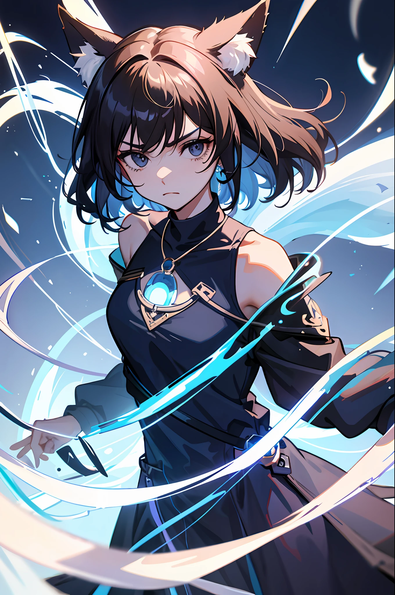 1girl, eyes pulled, black eyes, medium sized hair, wears a navy blue outfit, has a circle of ice magic around her, sad expression, she has wolf ears, she has a light blue pendant on her chest, brown skin color