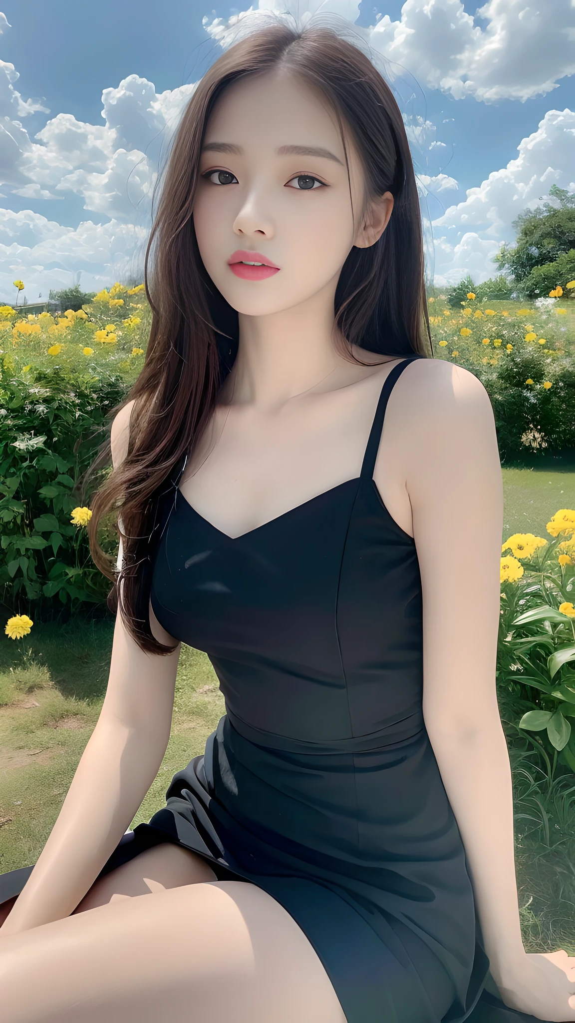 ((Best Quality, 8K, Masterpiece:1.3)), A beautiful girl, pure, melon face, gentle and cute, thin figure, facing right, head to right, lips closed, upper body leaning forward, [plaid skirt::0], [microskirt::0], pleated dress, print dress, negligee, loungewear, black silky long hair, round black big eyes, clear big eyes, moist red lips, sweet, sitting, blue sky and white clouds, sunlight, flower background,