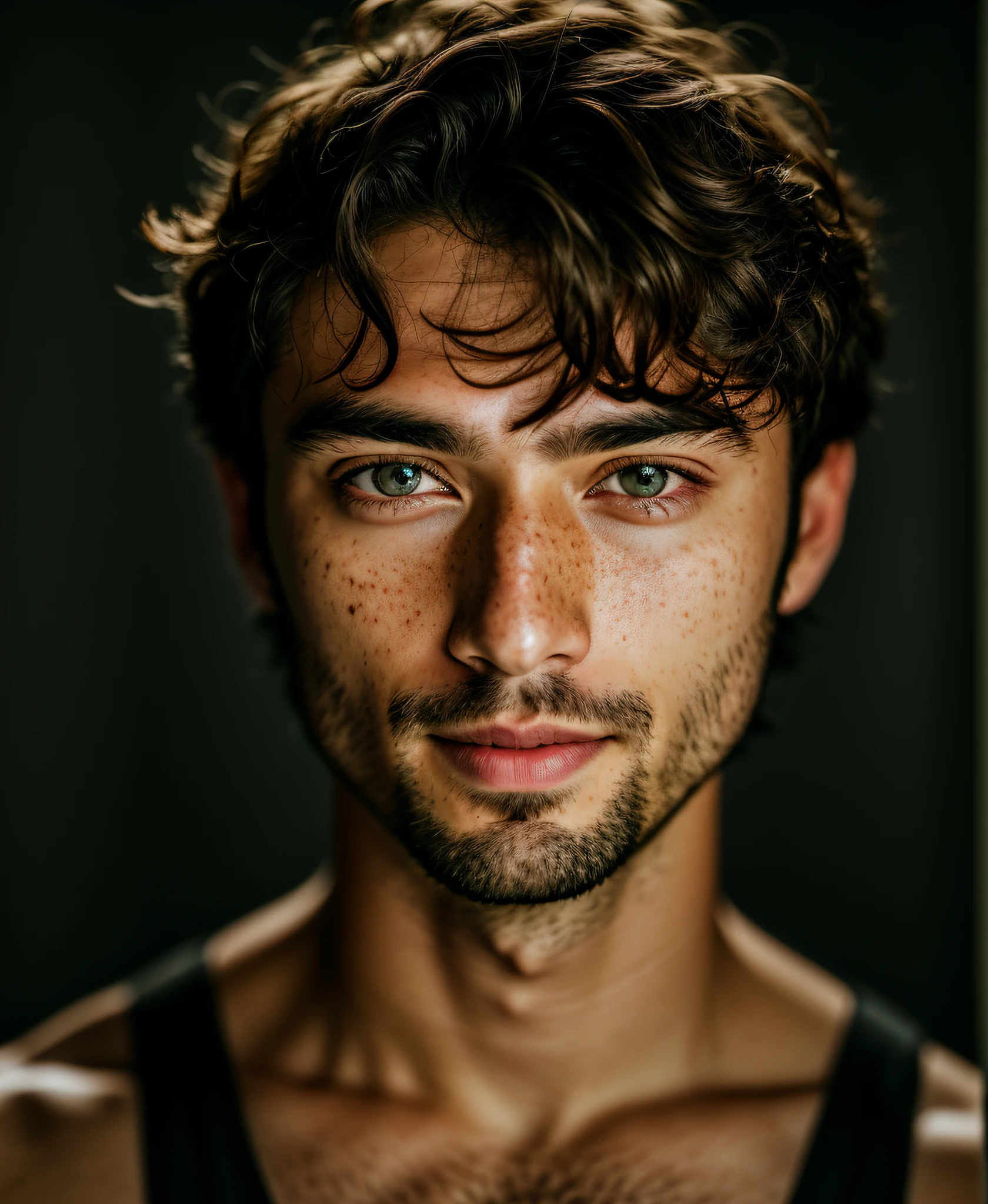 (RAW photo) night scene, close-up photo of a sexy man, posing, looking at the viewer, smiling, handsome young face, 18 yo, soft volumetric lights, soft key and fill lighting, (backlit: 1.3), (cinematic: 1.3), intricate details, (ArtStation: 1.2), skin spots, (freckles: 0.9), detailed eyes, micro details, FUJI XT3, photorealistic, photorealism