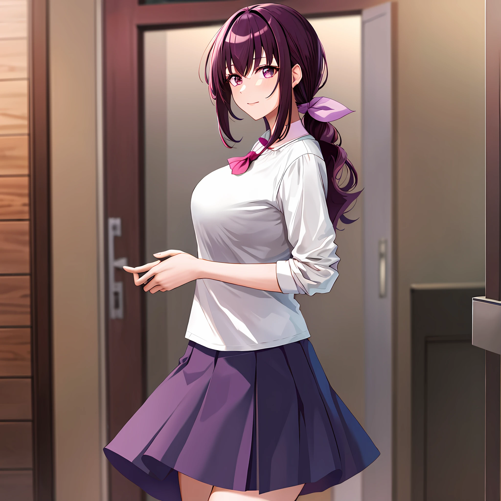 (Day:1.5) masterpiece, best quality, highres, hi1, purple hair, purple eyes, large breasts, hair bow, skirt, white shirt, cowboy shot,