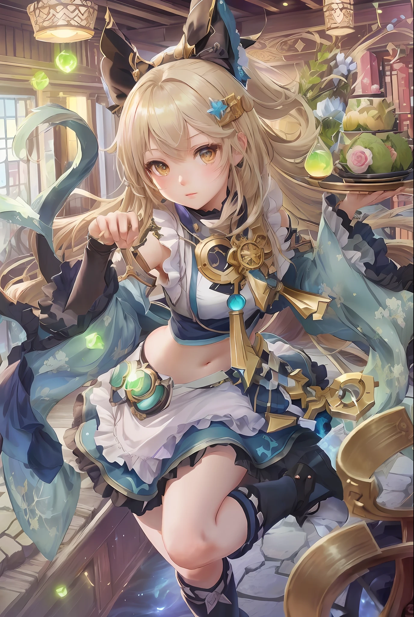 anime girl with a sword and a hat on a table, alchemist girl, splash art anime , shadowverse style, cute anime waifu in a nice dress, detailed key anime art, anime goddess, small curvy lolishart krenz key art feminine, marisa kirisame, kawacy, beautiful celestial mage, loli in s