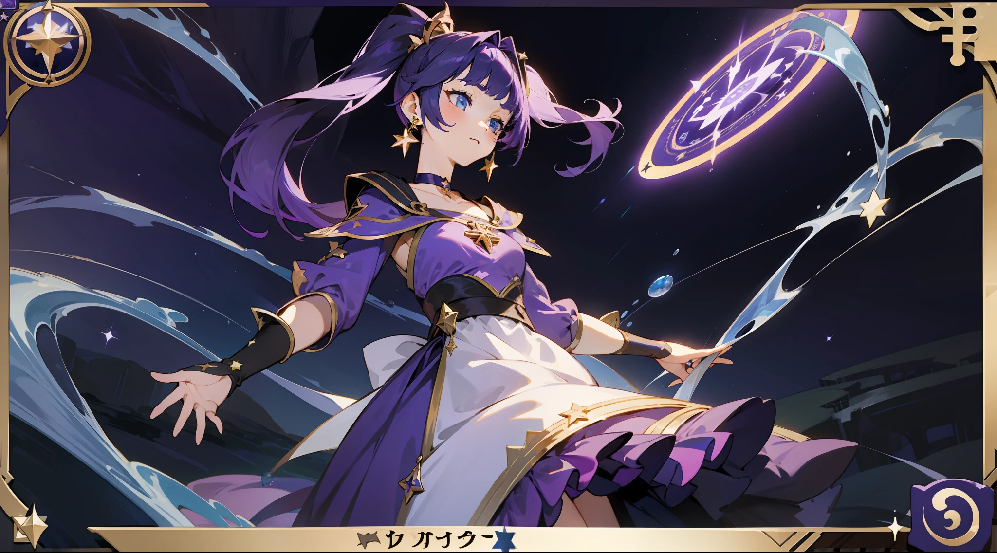 (1 girl), illustration, Mona \(Genshin Impact\), choker, star \(symbol\), witch, blue eyes, shining eyes, dark purple hair, dark purple hair, ponytails, earrings, white apron, purple dress, gold jewelry, landscape, night, water, magic, fortune-telling, card layout, fortune teller, guessing on tarot cards