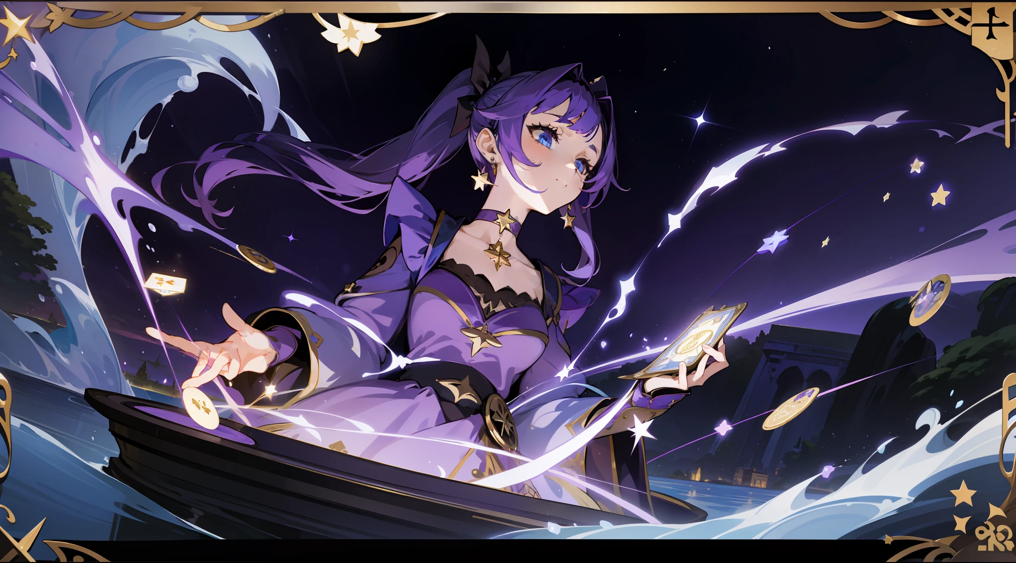 (1 girl), illustration, Mona \(Genshin Impact\), choker, star \(symbol\), witch, blue eyes, shining eyes, dark purple hair, dark purple hair, ponytails, earrings, white apron, purple dress, gold jewelry, landscape, night, water, magic, fortune-telling, card layout, fortune teller, guessing on tarot cards