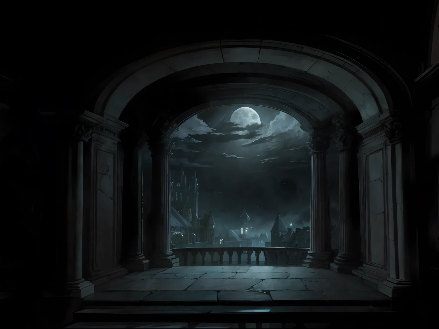 masterpiece, high quality, best quality, official art, beautiful and aesthetic, extremely detailed, Close-up of balcony with columns and full moon view, moon background, moonlight background, moonlit night, dreamy atmosphere, stunning arcanum background, gothic background, moonlit night, dark fantasy background, palace background, castle shadow background, atmospheric night, moonlit night, background artwork, night background