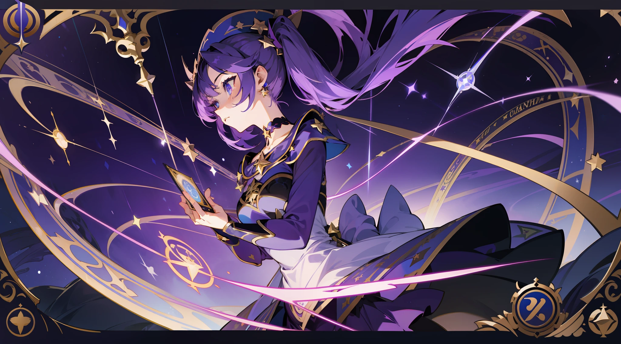 (1 girl), illustration, Mona \(Genshin Impact\), choker, star \(symbol\), witch, blue eyes, shining eyes, dark purple hair, dark purple hair, ponytails, earrings, white apron, purple dress, gold jewelry, landscape, night, water, magic, divination, astrology, tarot cards, spread, fortune-telling, card spread, fortune teller