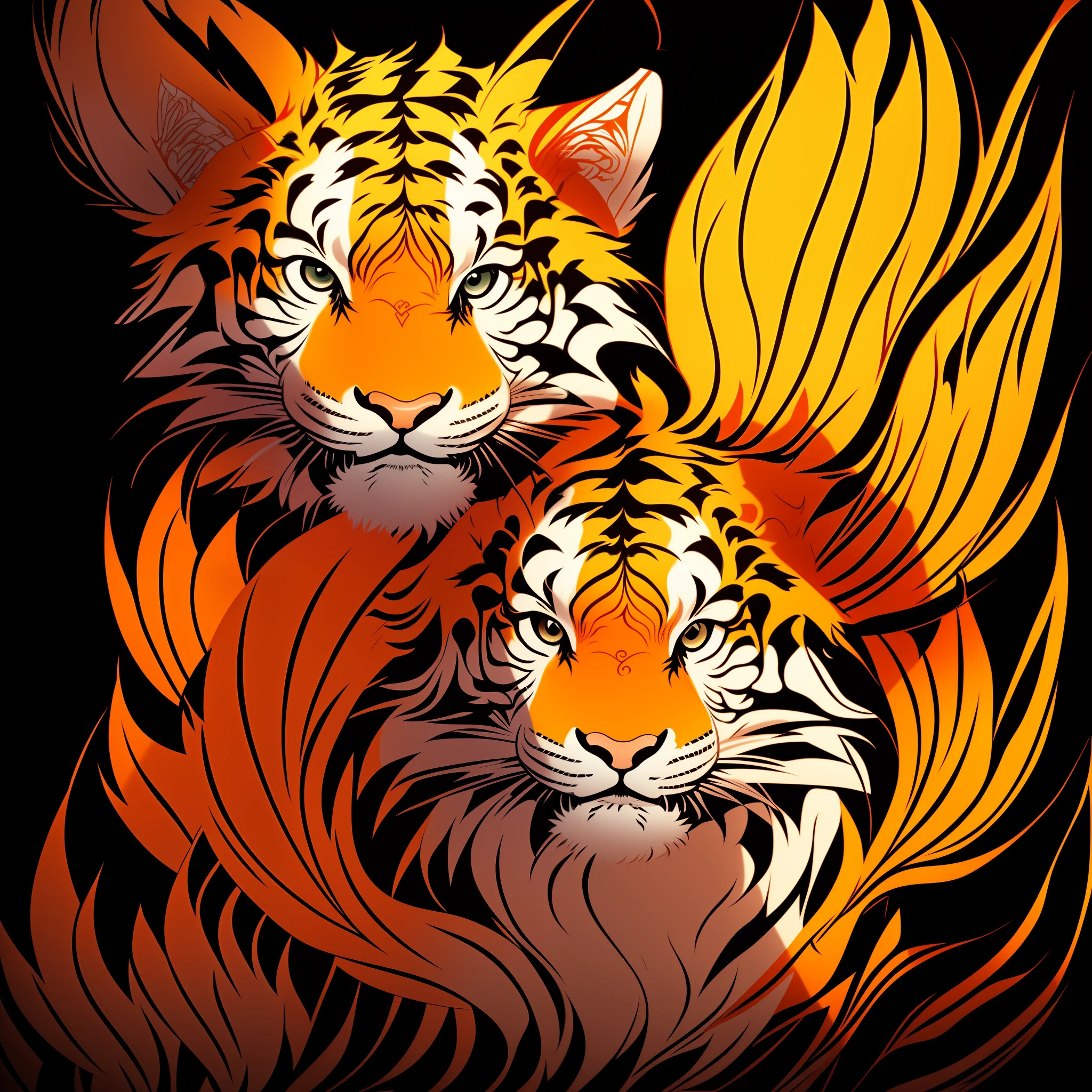 Close-up of an ancient Chinese adult Siberian tiger, mural, fierce expression, Asura in Chinese mythology, ancient Chinese art style, Wen Boren, pale yellow Chinese tiger fantasy, mythical creatures, Chinese Siberian tiger concept art, ancient Chinese gorgeous, Chinese mythology, ink flower, inspired by Puhua, an ancient creature, qigong, single close-up, with body
