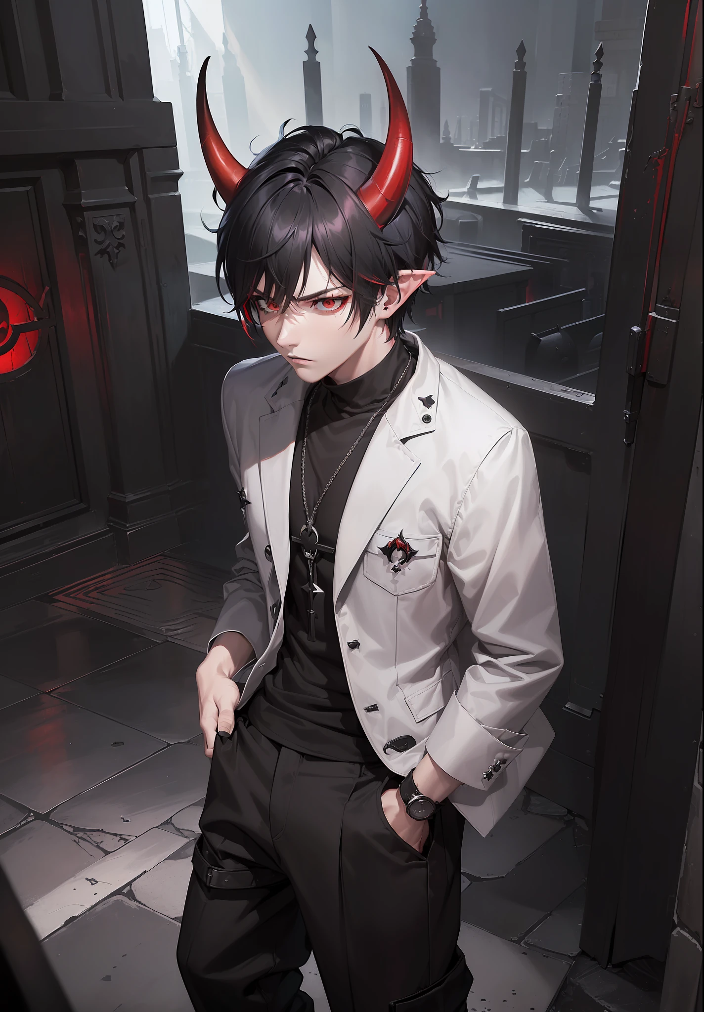 ((((dramatic))), (((gritty))), (((intense))). color palette is very intense. ((1 boy)), colorful, fantasy church background, pale skin, detailed eyes, detailed face, ((black hair, messy hair, short hair)) ((red eyes)), (((night time))) ((tired expression)), ((oni demon horns black to red)), elf ears, turtleneck pullover, ((dark eyebags)), ((mature, young adult, masculine, tall, sharp features))) (((modern outfit, classy, very baggy clothing, black clothing, baggy pants))