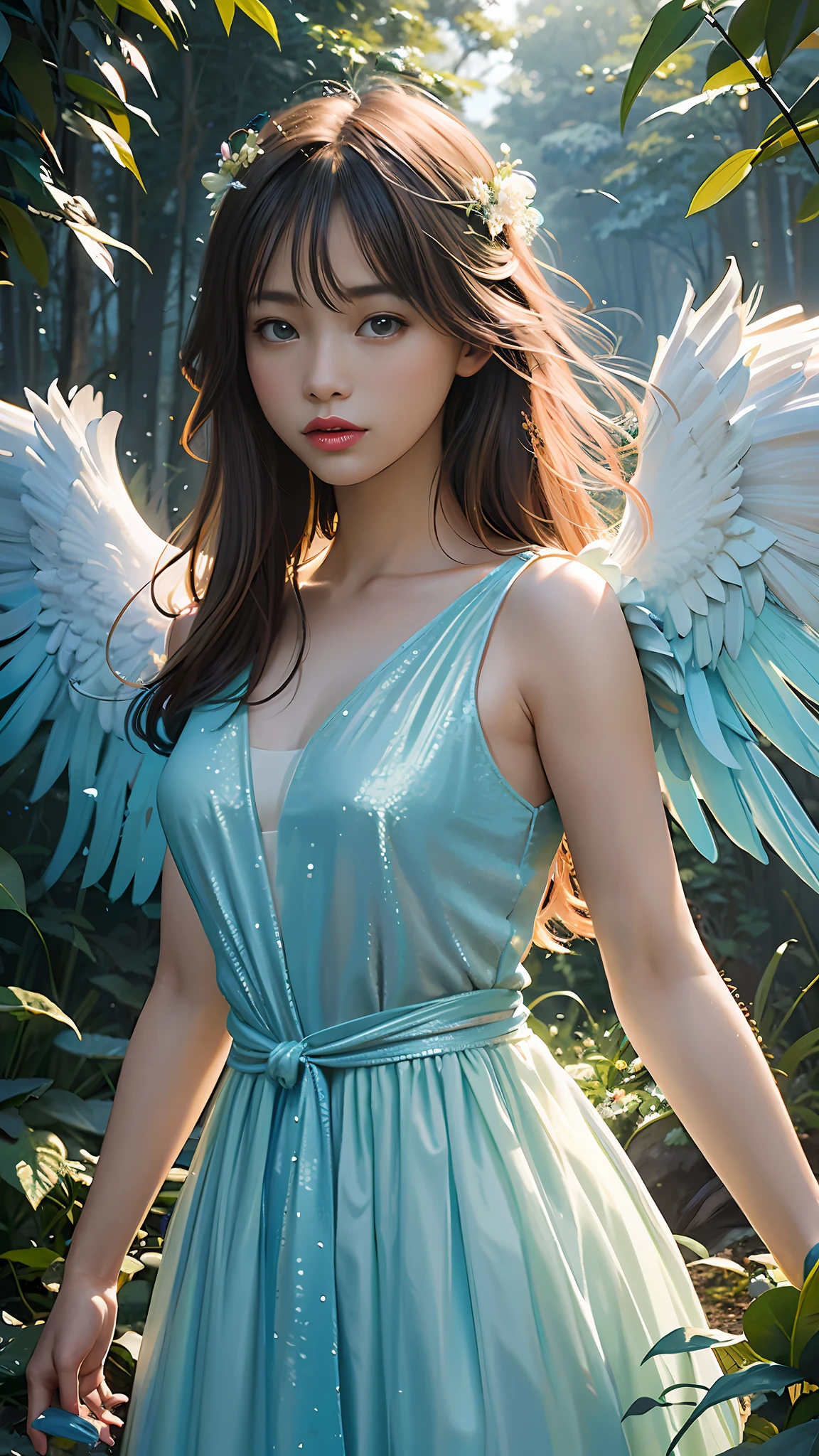 arafed woman in a blue dress with wings in a forest, young wan angel, beautiful angel, of beautiful angel, beautiful female angel, with beautiful wings, full - body majestic angel, angelic wings on her back, of an beautiful angel girl, ethereal wings, wearing angel, portrait of a beautiful angel, angelic wings, angelic, angel girl, tall female angel