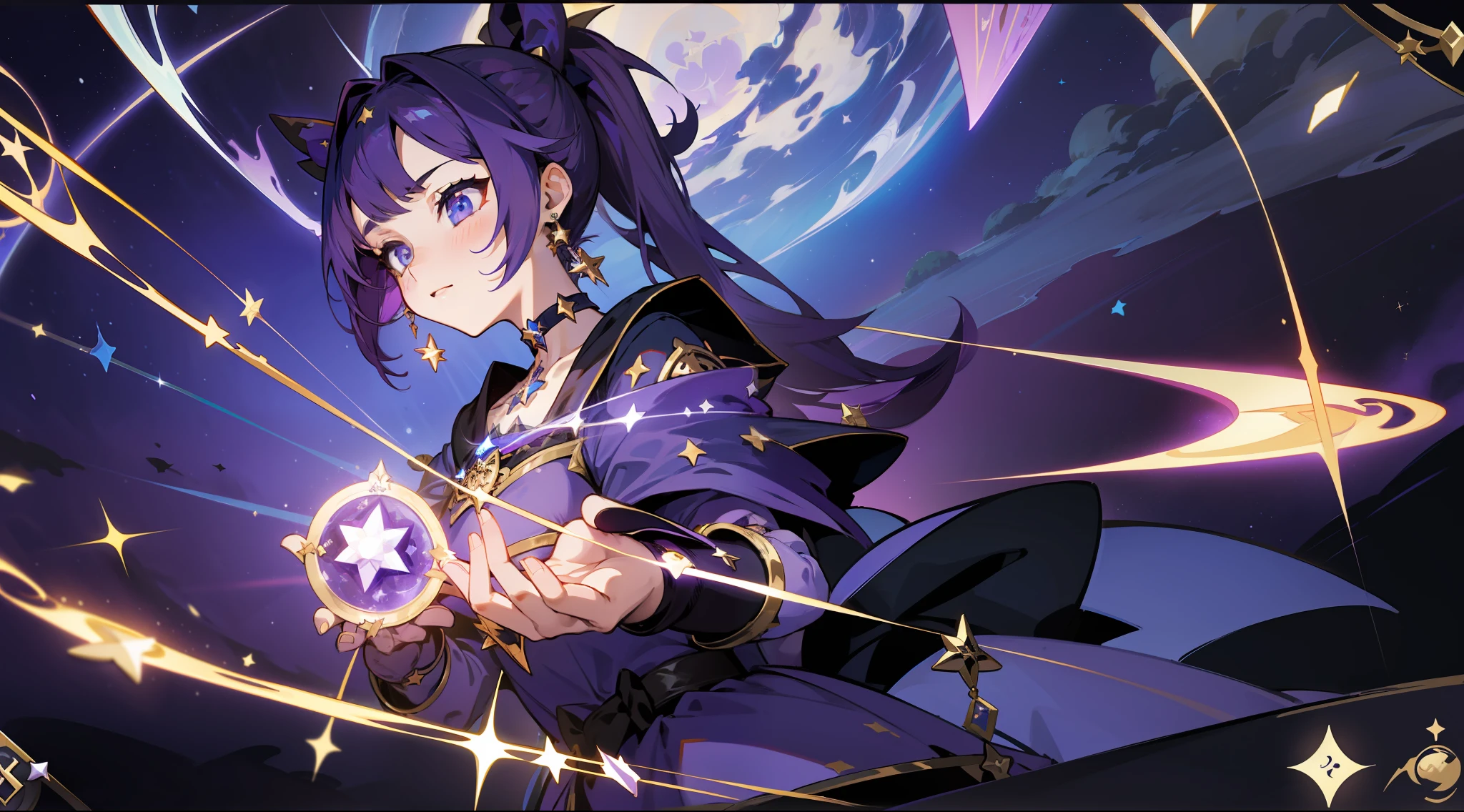 (1 girl), illustration, Mona \(Genshin Impact\), choker, star \(symbol\), witch, blue eyes, shining eyes, dark purple hair, dark purple hair, ponytails, earrings, white apron, purple dress, gold jewelry, landscape, night, water, magic, divination, astrology, tarot cards, spread, fortune-telling, card spread, fortune teller